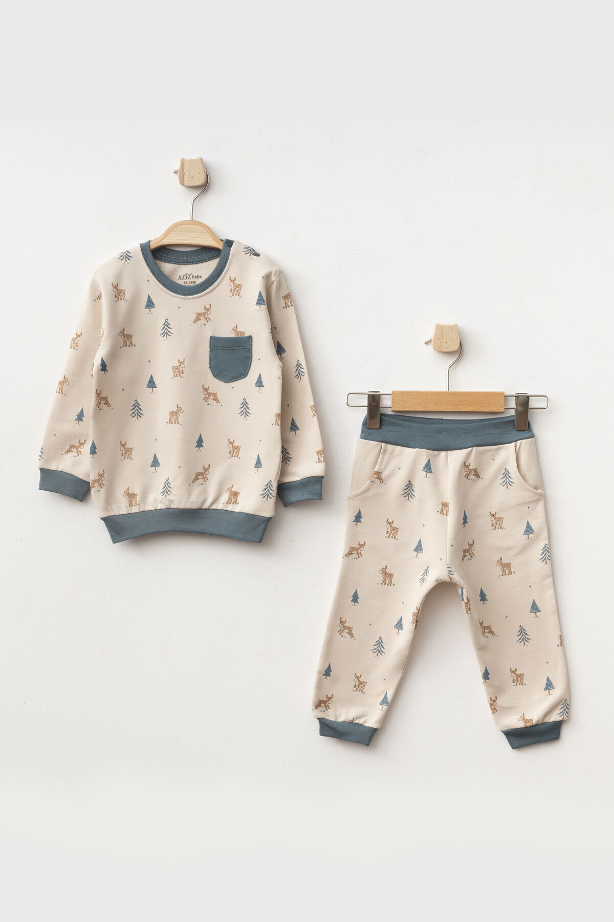 Erkek Bebek Geyik Desenli Sweatshirt Pantolon 2  li Alt Üst Bebek Takımı 3 Ay - 36 Ay