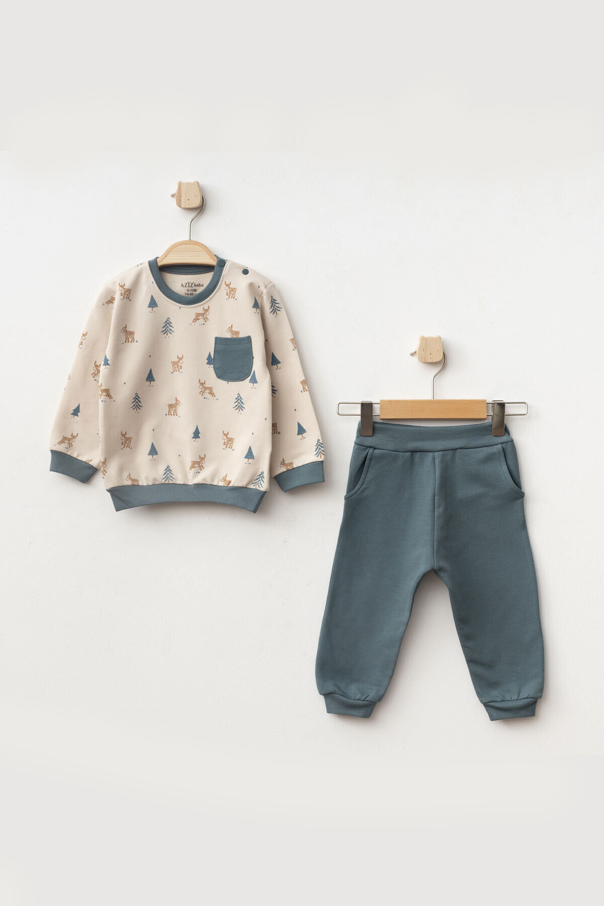 Erkek Bebek Geyik Desenli Sweatshirt Pantolon 2  li Alt Üst Bebek Takımı 3 Ay - 36 Ay