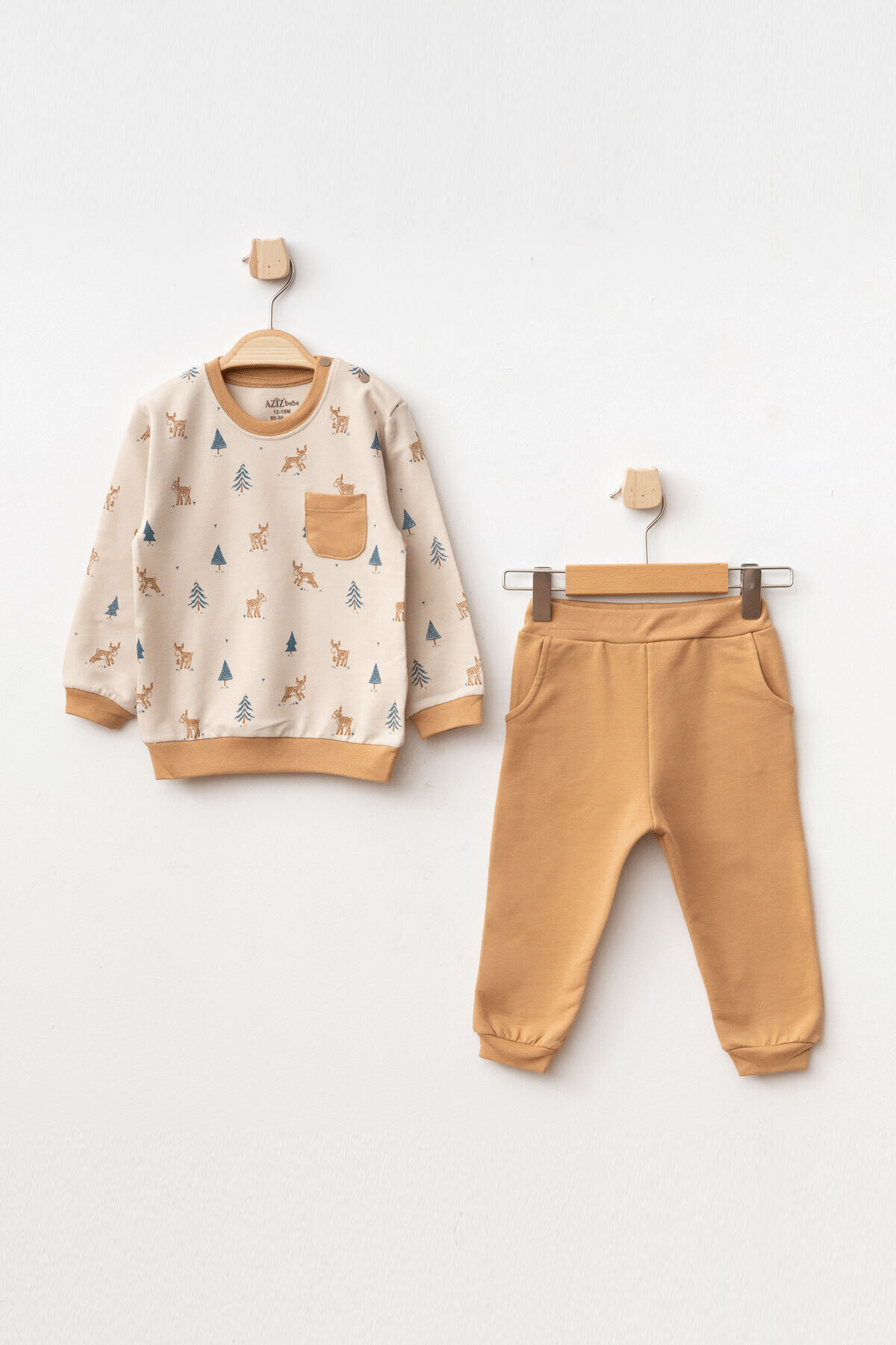 Erkek Bebek Geyik Desenli Sweatshirt Pantolon 2  li Alt Üst Bebek Takımı 3 Ay - 36 Ay