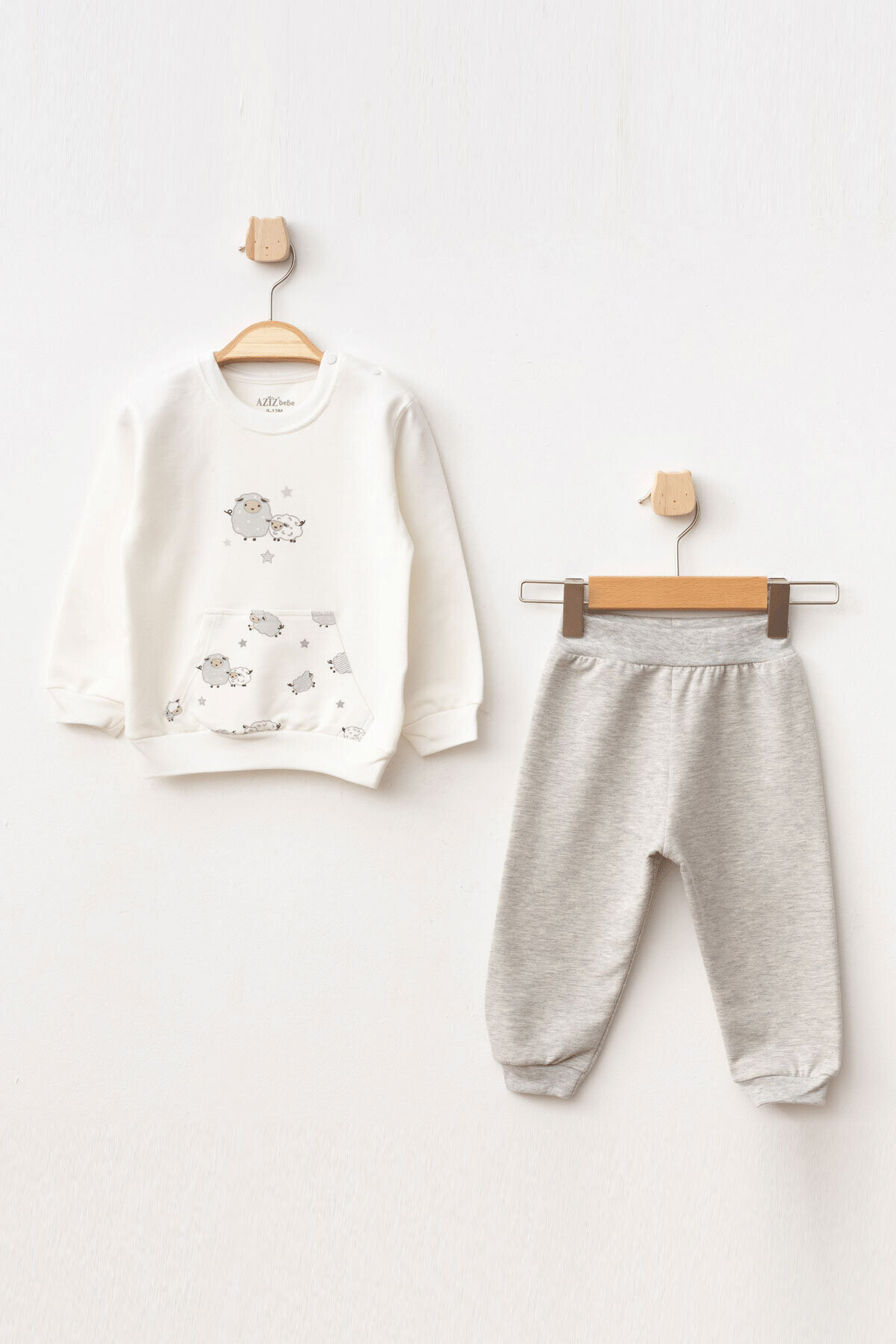 Erkek Bebek Kuzu Desenli Sweatshirt Pantolon 2  li Alt Üst Bebek Takımı 3 Ay - 18 Ay
