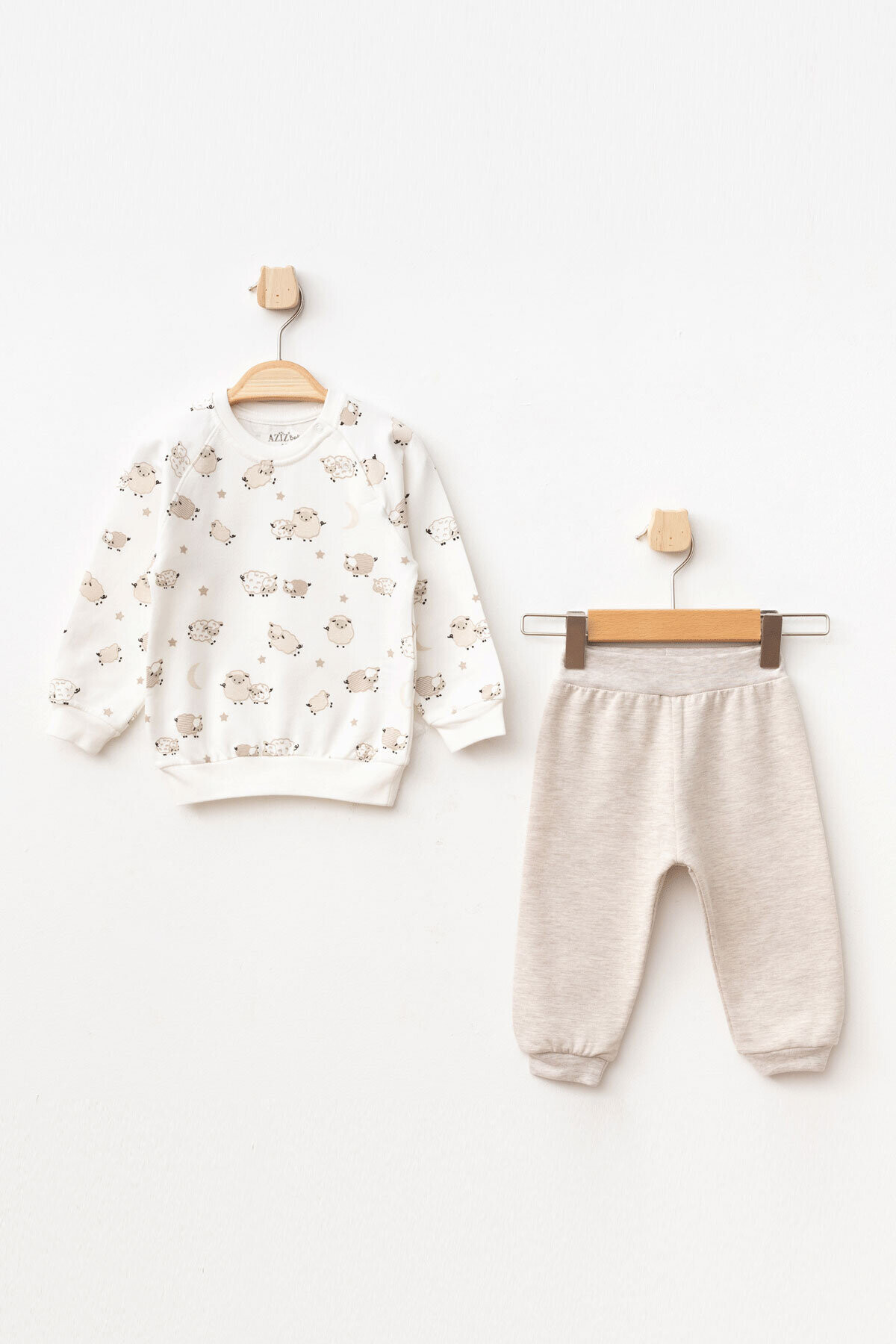 Erkek Bebek Kuzu Desenli Sweatshirt Pantolon 2  li Alt Üst Bebek Takımı 3 Ay - 18 Ay