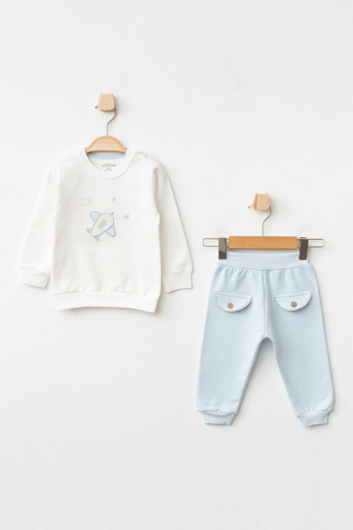 Erkek Bebek Uçak Nakışlı Sweatshirt Pantolon 2  li Alt Üst Bebek Takımı 3 Ay - 36 Ay