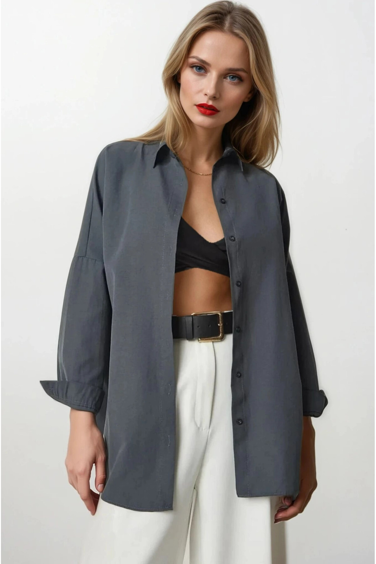 Kadın Antrasit Geniş Kalıp Uzun Basic Gömlek HZL24W-BD139001