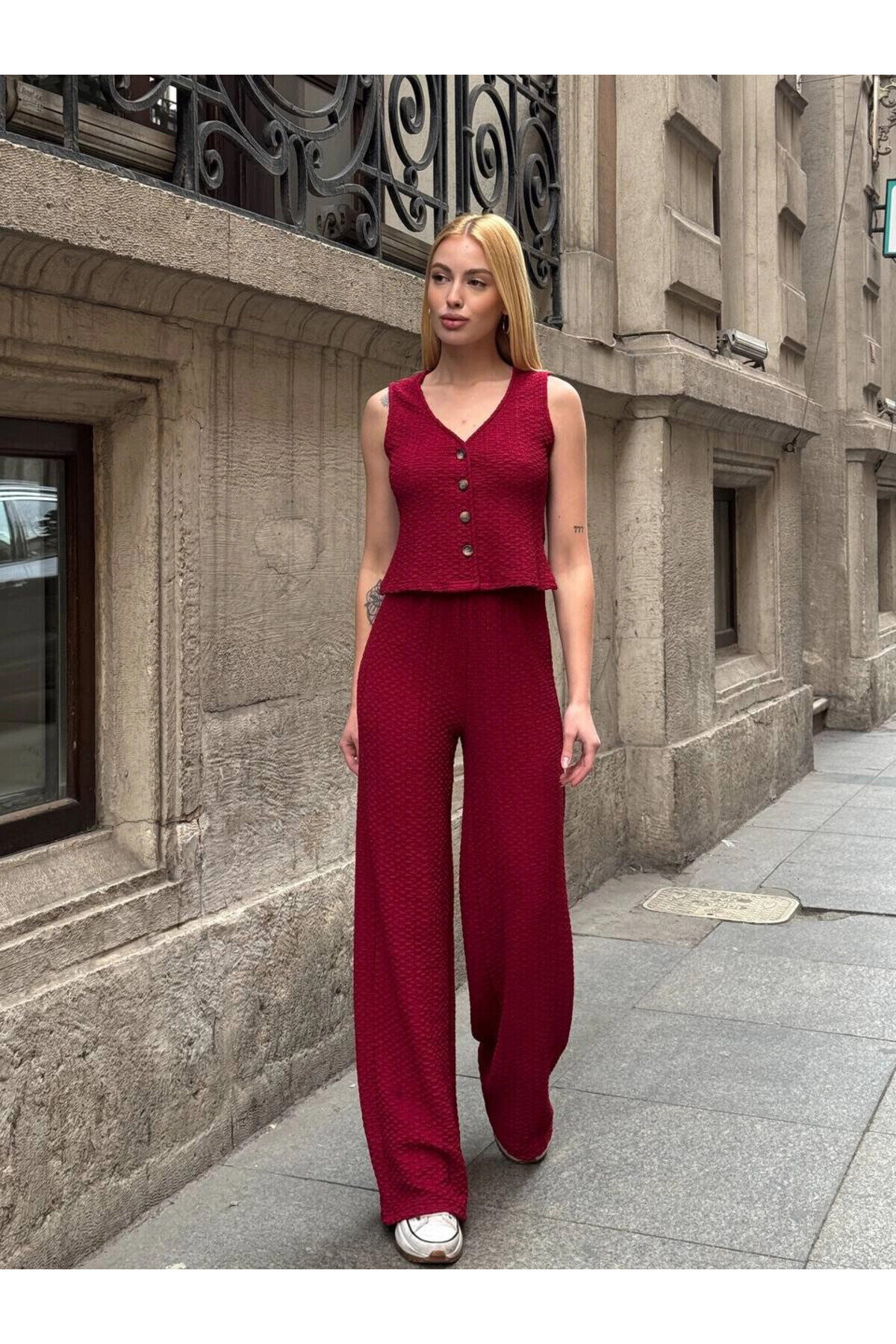 Kadın Bordo Beli Lastikli Gofre Kumaş Pantolon PLD24S-3178