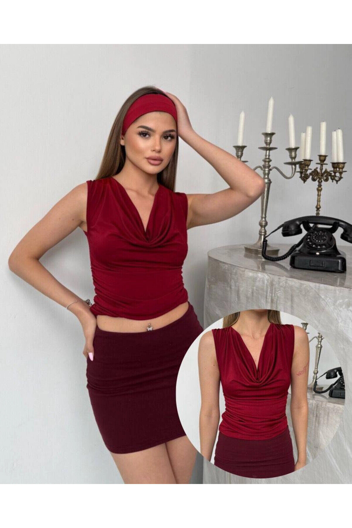 Kadın Bordo Degaje Yaka Yanlardan Drapeli Sandy Bluz PLD25S-3057