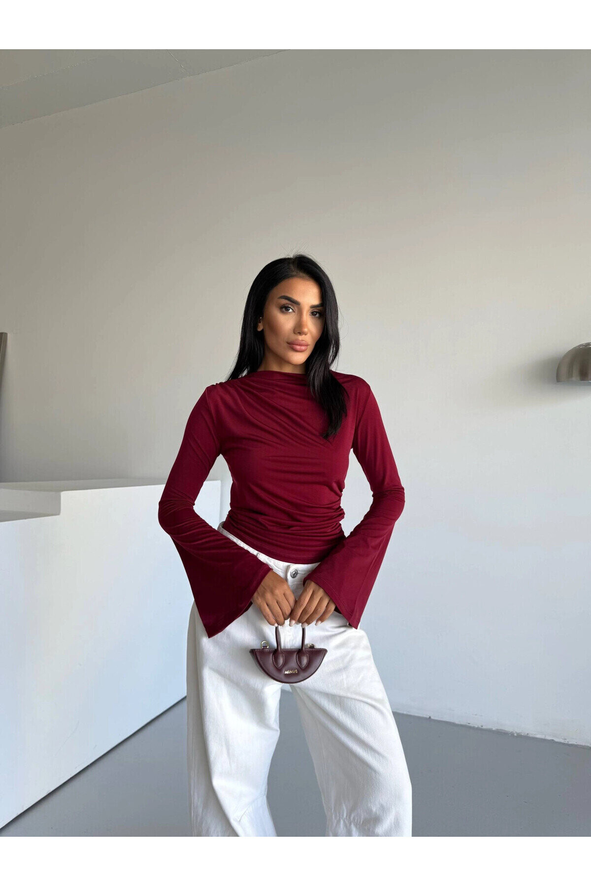 Kadın Bordo Drape Detaylı İspanyol Kol Sany Bluz PLD25W-3047