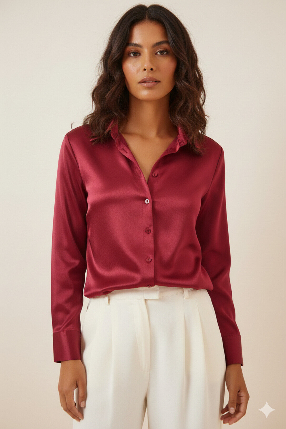 Kadın Bordo Hafif Dökümlü Saten Yüzeyli Gömlek PLD22W-3119