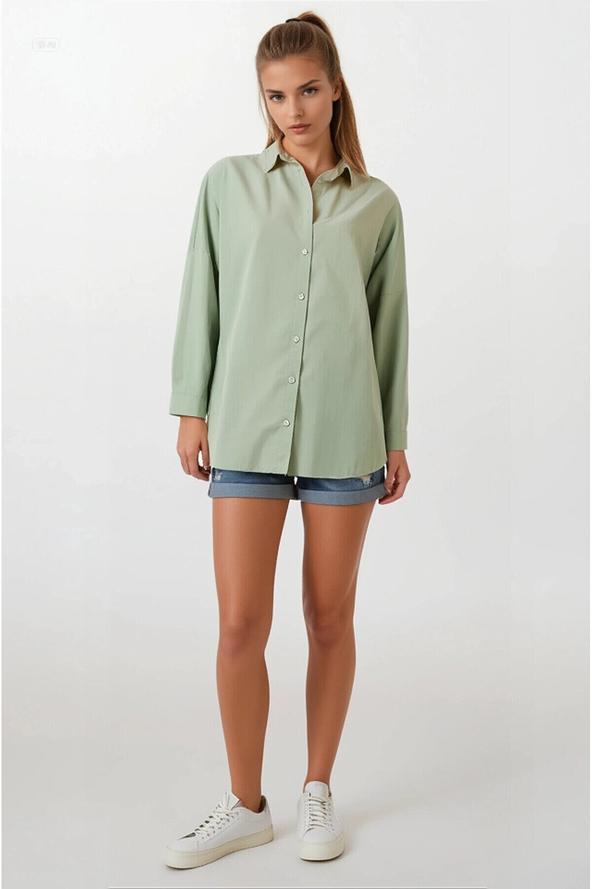 Kadın Çağla Yeşili Oversize Uzun Basic Gömlek PLD22W-3118