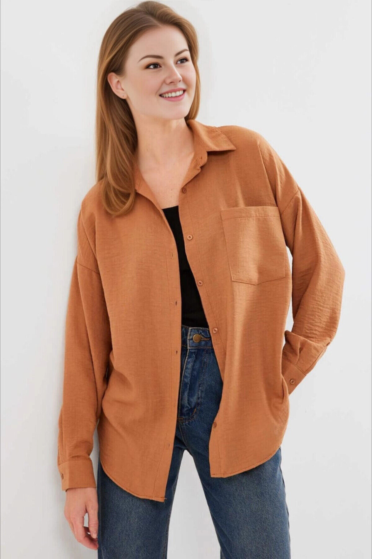 Kadın Camel Tek Cepli Oversize Keten Ayrobin Gömlek PLD24S-3121