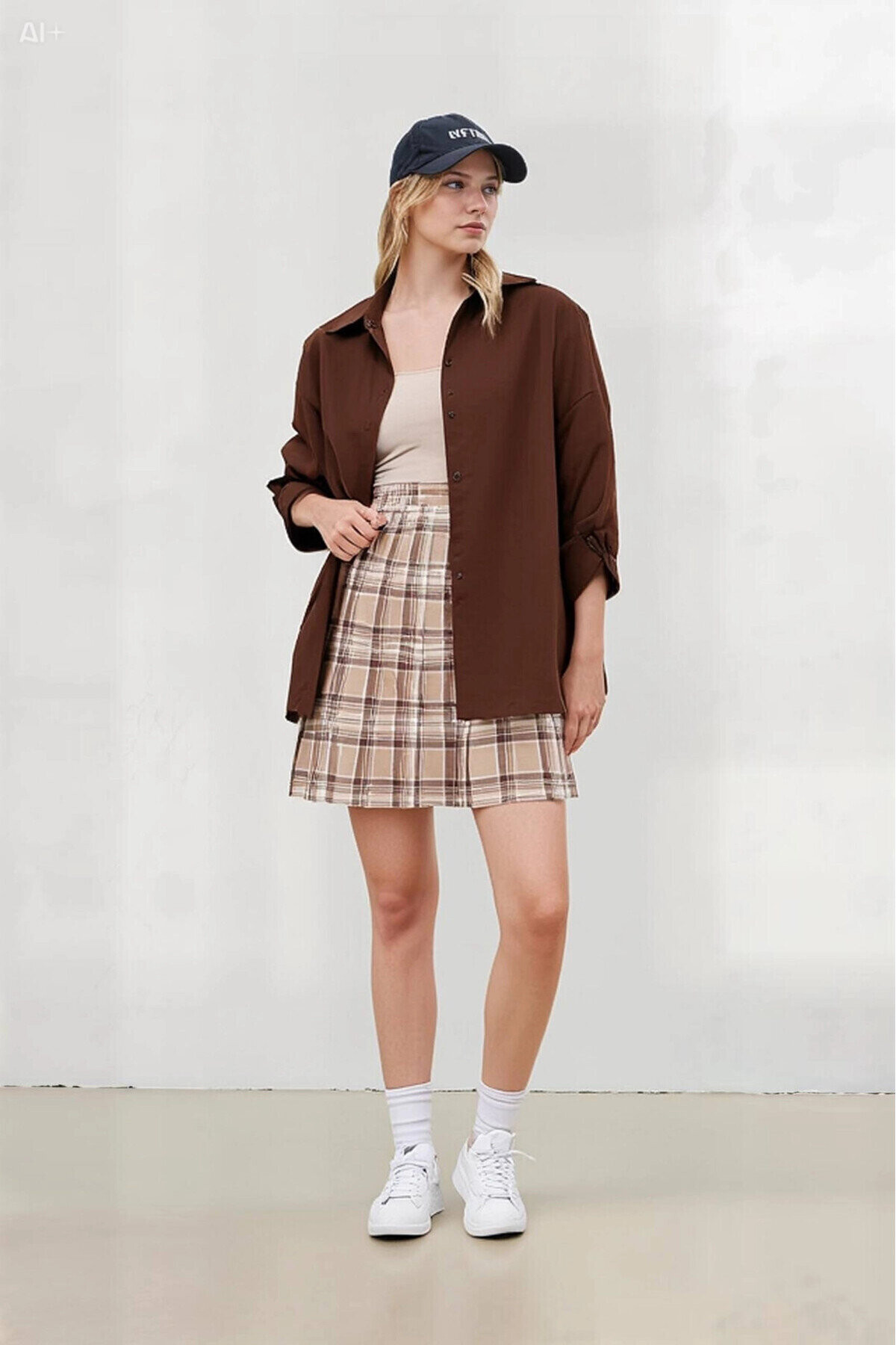 Kadın Çikolata Oversize Uzun Basic Gömlek PLD22W-3118