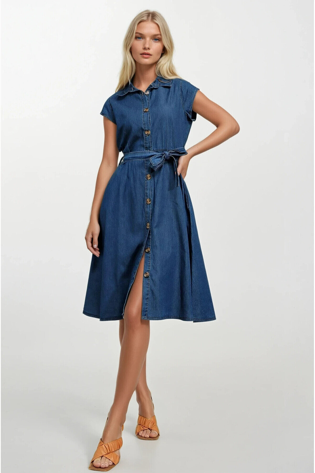 Kadın Denim Kısa Kollu Boydan Düğmeli Beli Kuşaklı Kot Gömlek Elbise PLD22S-3106