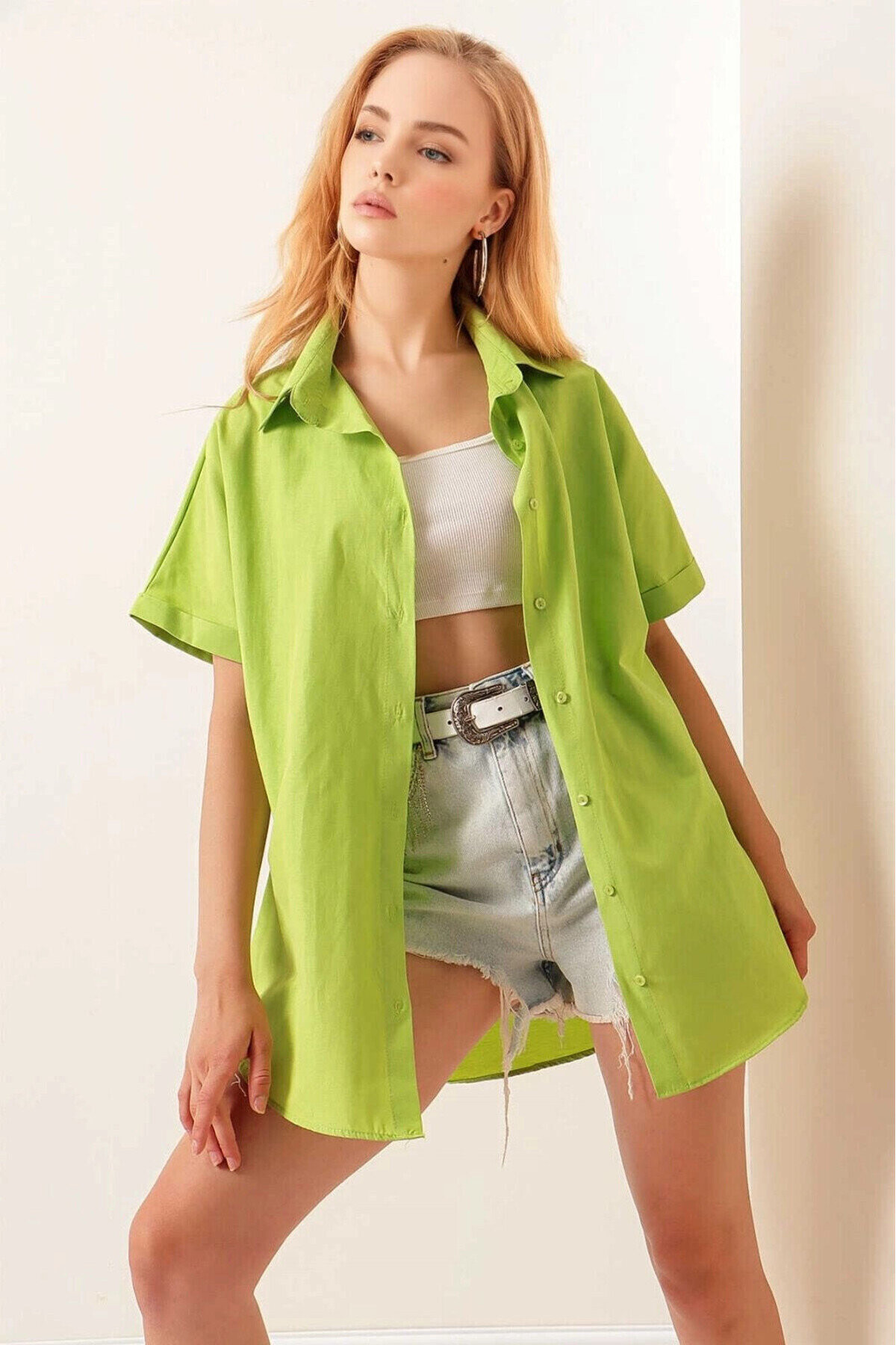 Kadın Fıstık Yeşili Oversize Uzun Kısa Kollu Basic Poplin Gömlek PLD22S-3125