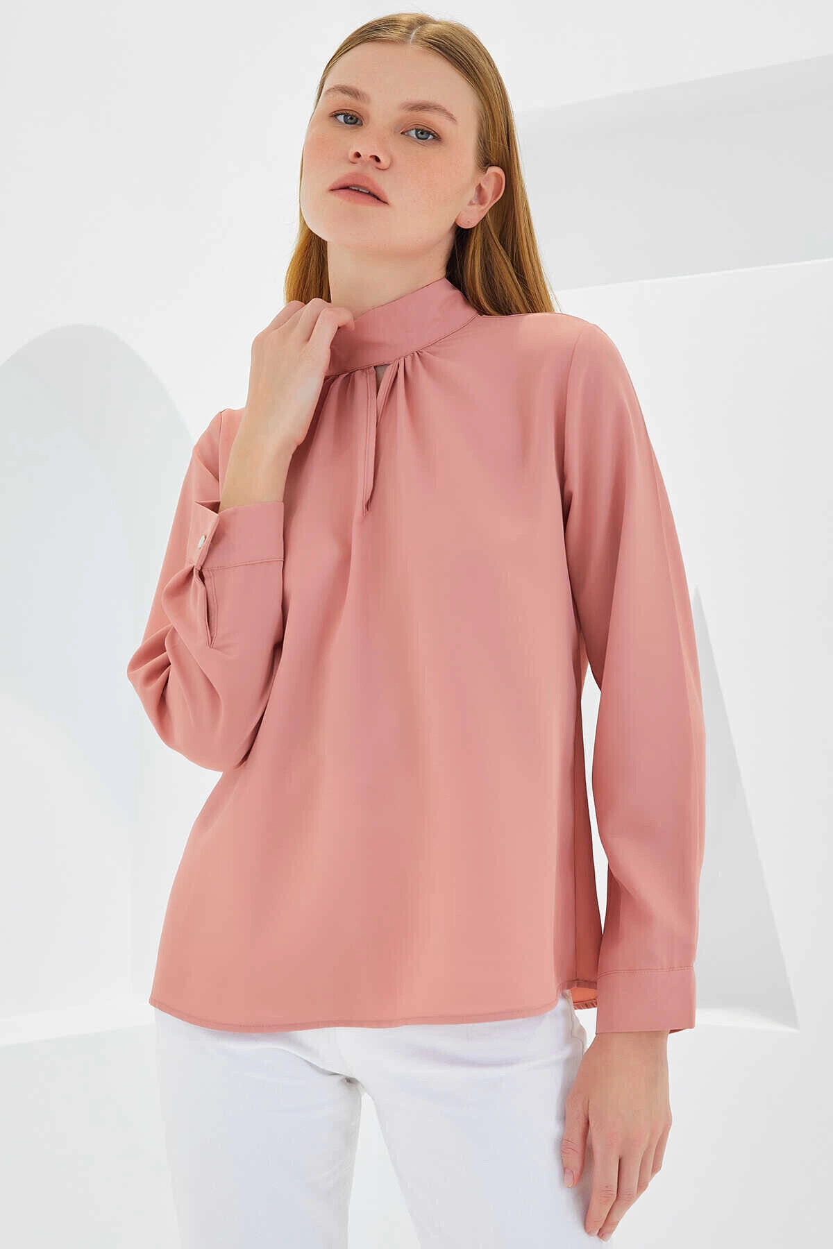 Kadın Gül Kurusu Pencere Detaylı Dökümlü Uzun Kollu Bluz PLD22S-3061