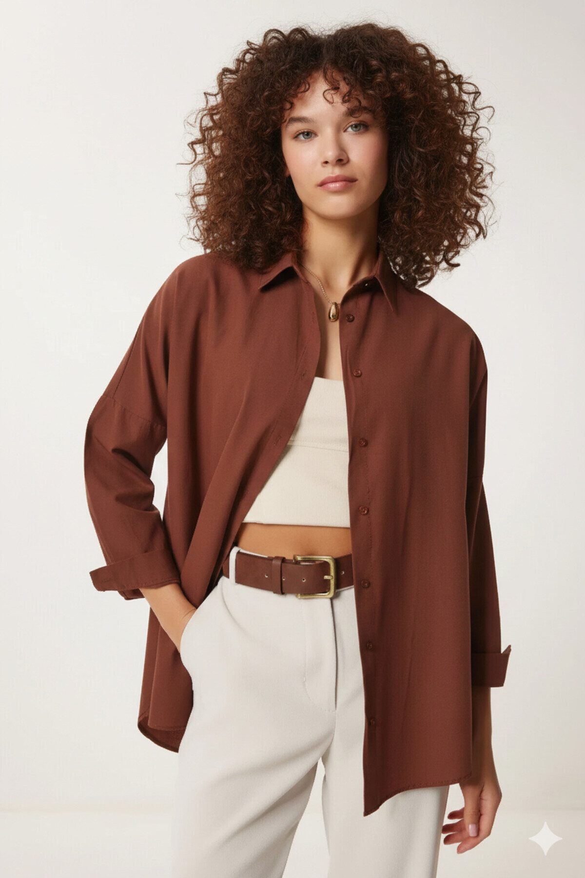 Kadın Kahverengi Oversize Uzun Basic Gömlek PLD22W-3118