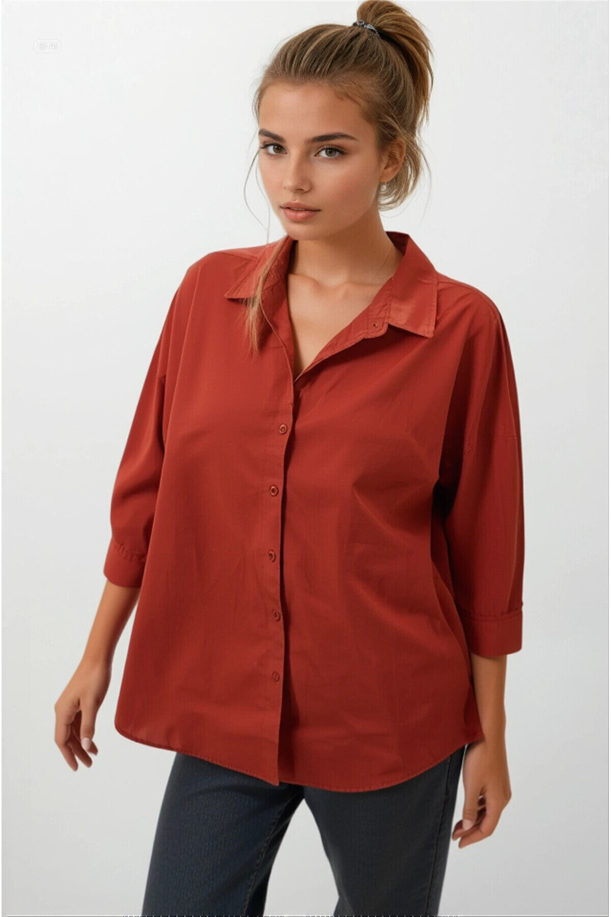 Kadın Kiremit Oversize Uzun Basic Gömlek PLD22W-3118