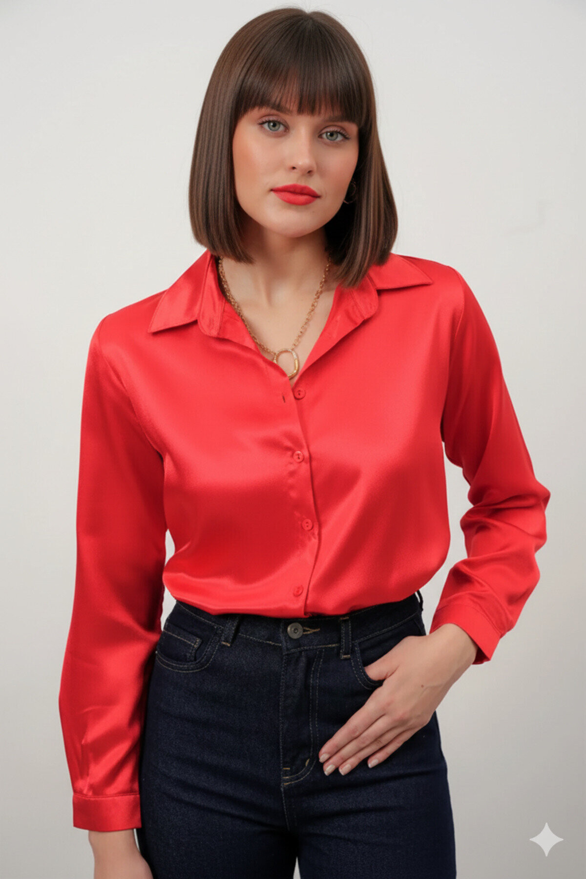Kadın Kırmızı Hafif Dökümlü Saten Yüzeyli Gömlek PLD22W-3119