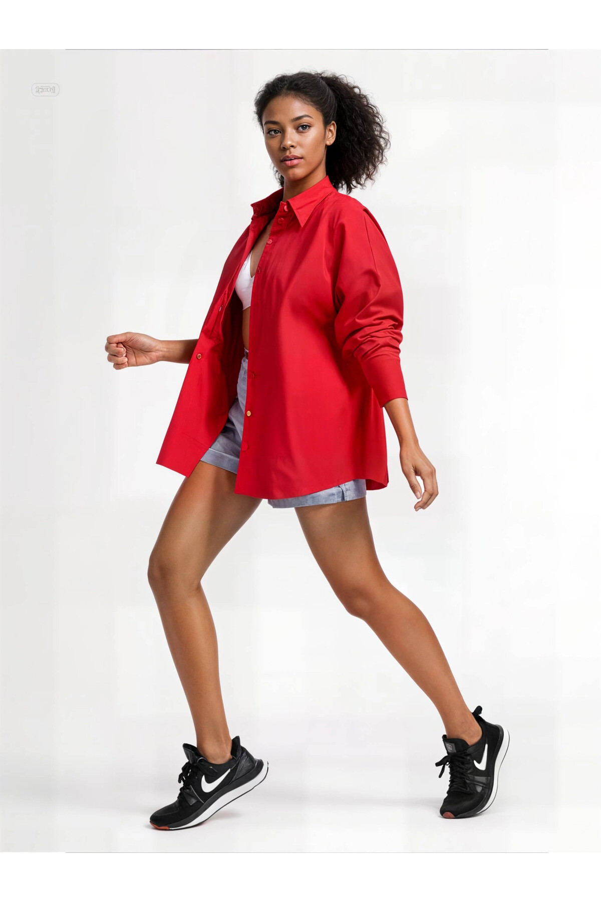 Kadın Kırmızı Oversize Uzun Basic Gömlek  HZL22W-BD139001