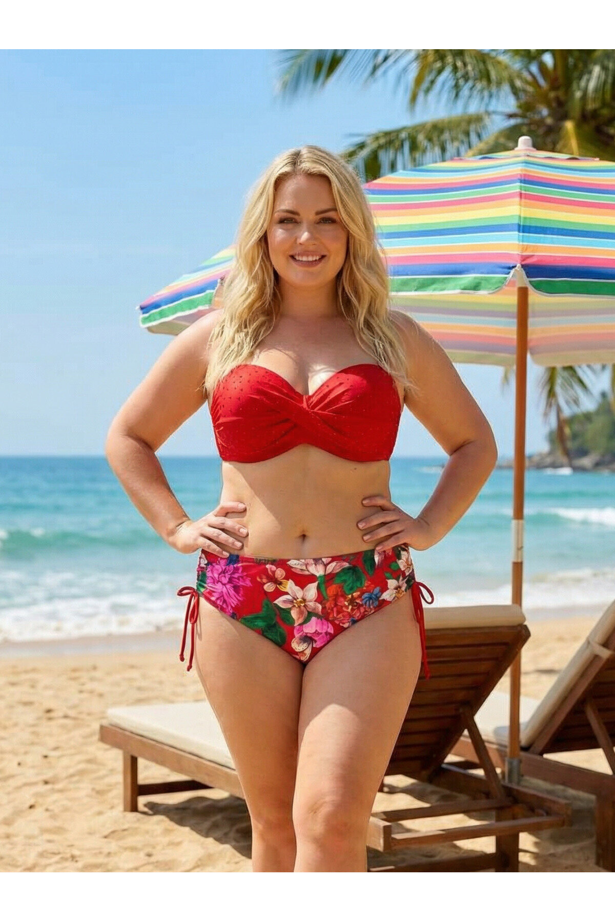 Kadın Kırmızı Taş İşlemeli Çiçek Desenli Büyük Beden Bikini Takım PLD25S-3013