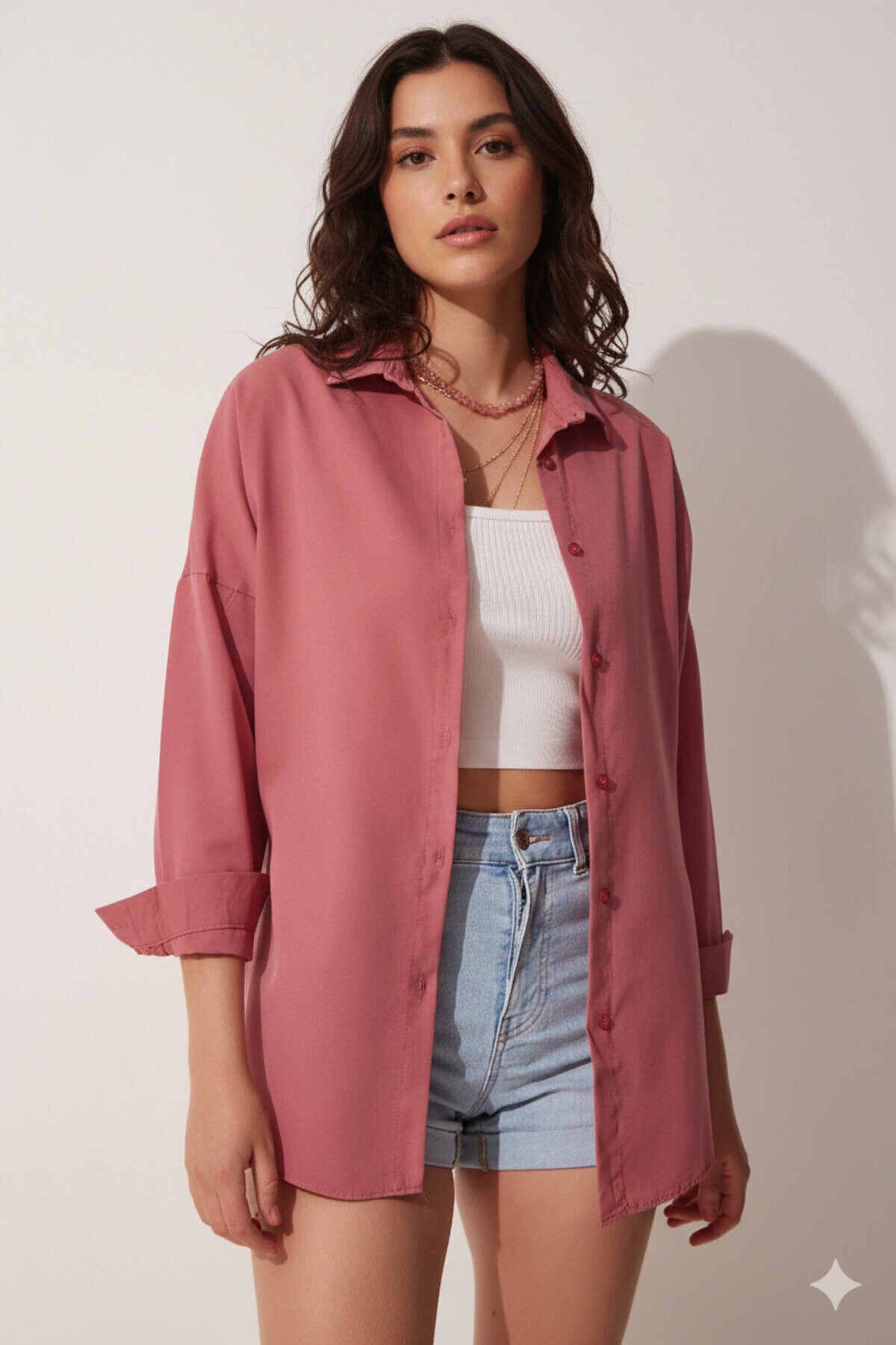 Kadın Koyu Gül Kurusu Oversize Uzun Basic Gömlek PLD22W-3118