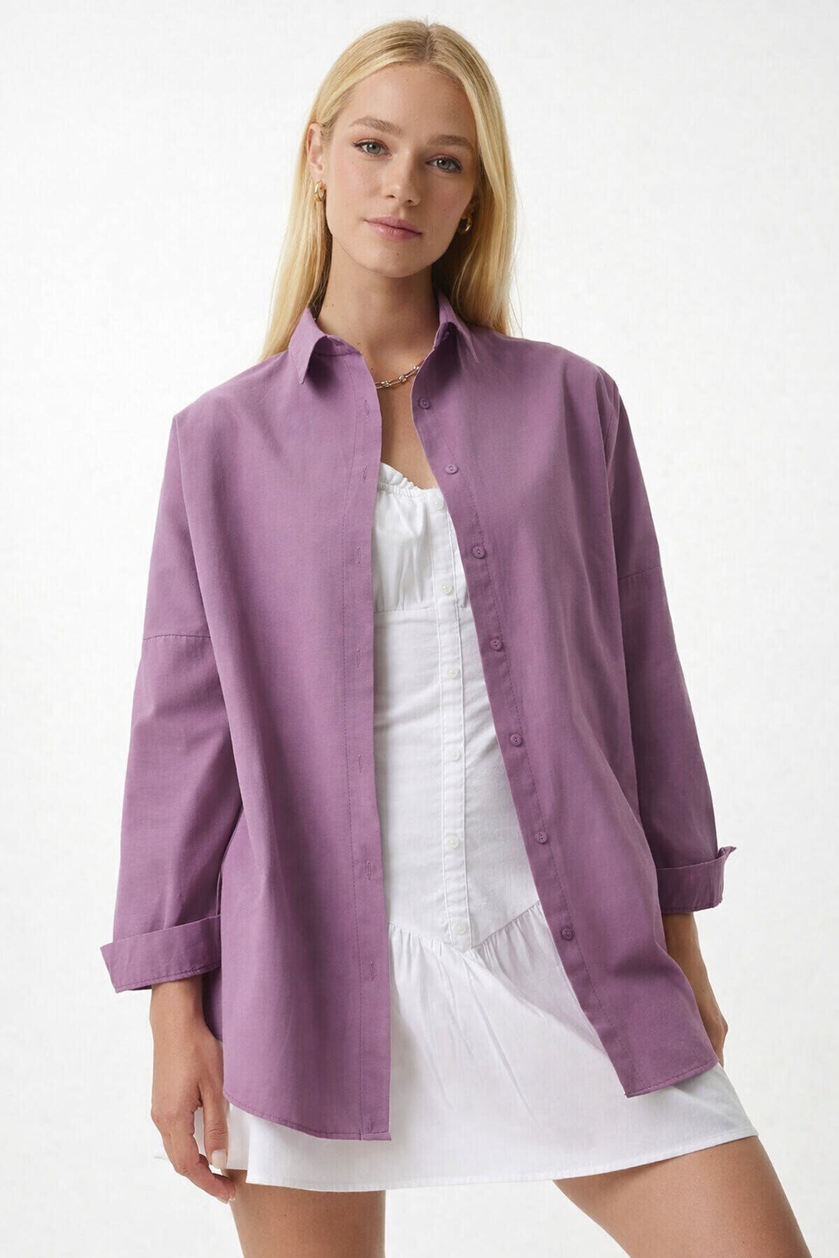 Kadın Koyu Lila Oversize Uzun Basic Gömlek PLD22W-3118