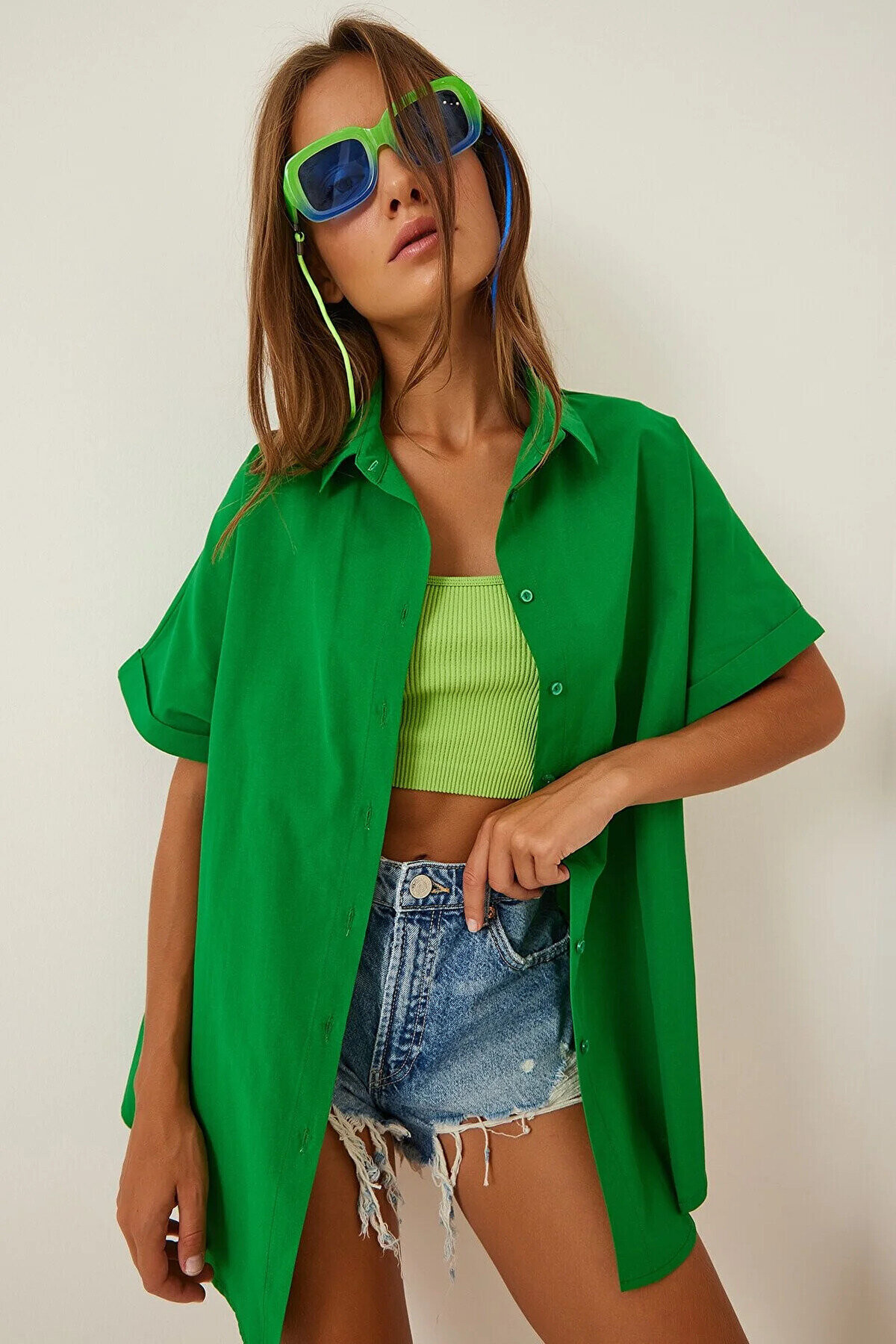 Kadın Koyu Yeşil Oversize Uzun Kısa Kollu Basic Poplin Gömlek PLD22S-3125