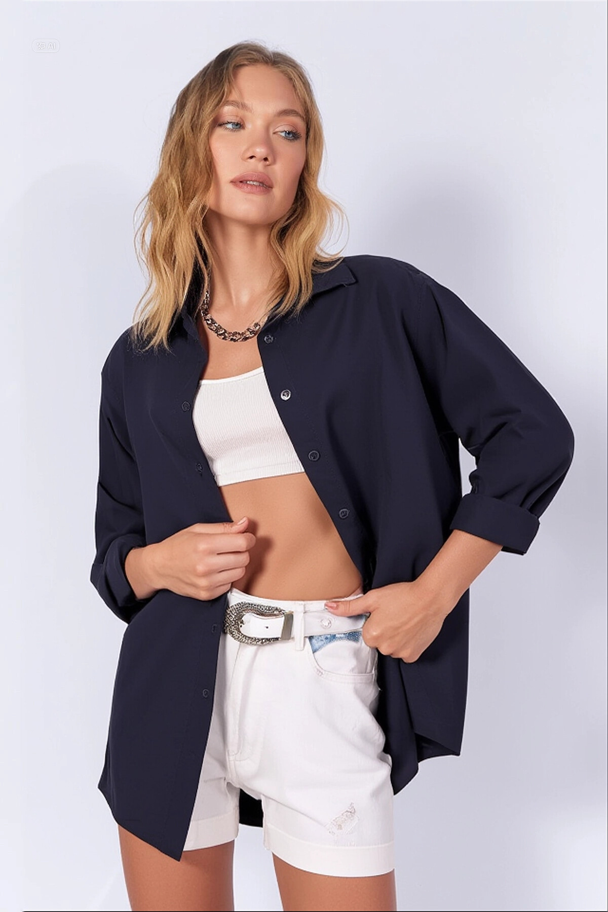 Kadın Lacivert Oversize Uzun Basic Gömlek HZL22W-BD139001