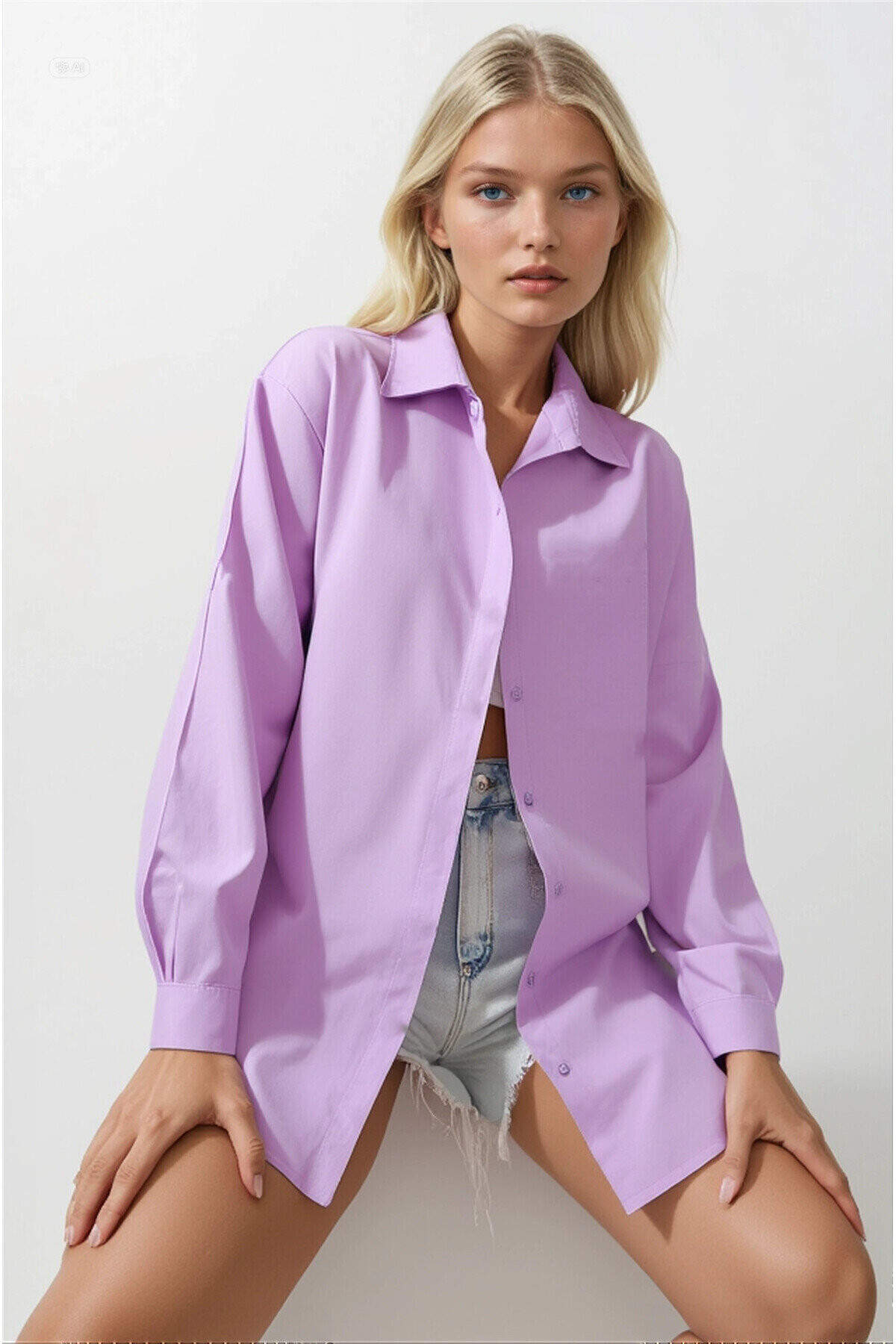 Kadın Lila Oversize Uzun Basic Gömlek PLD22W-3118