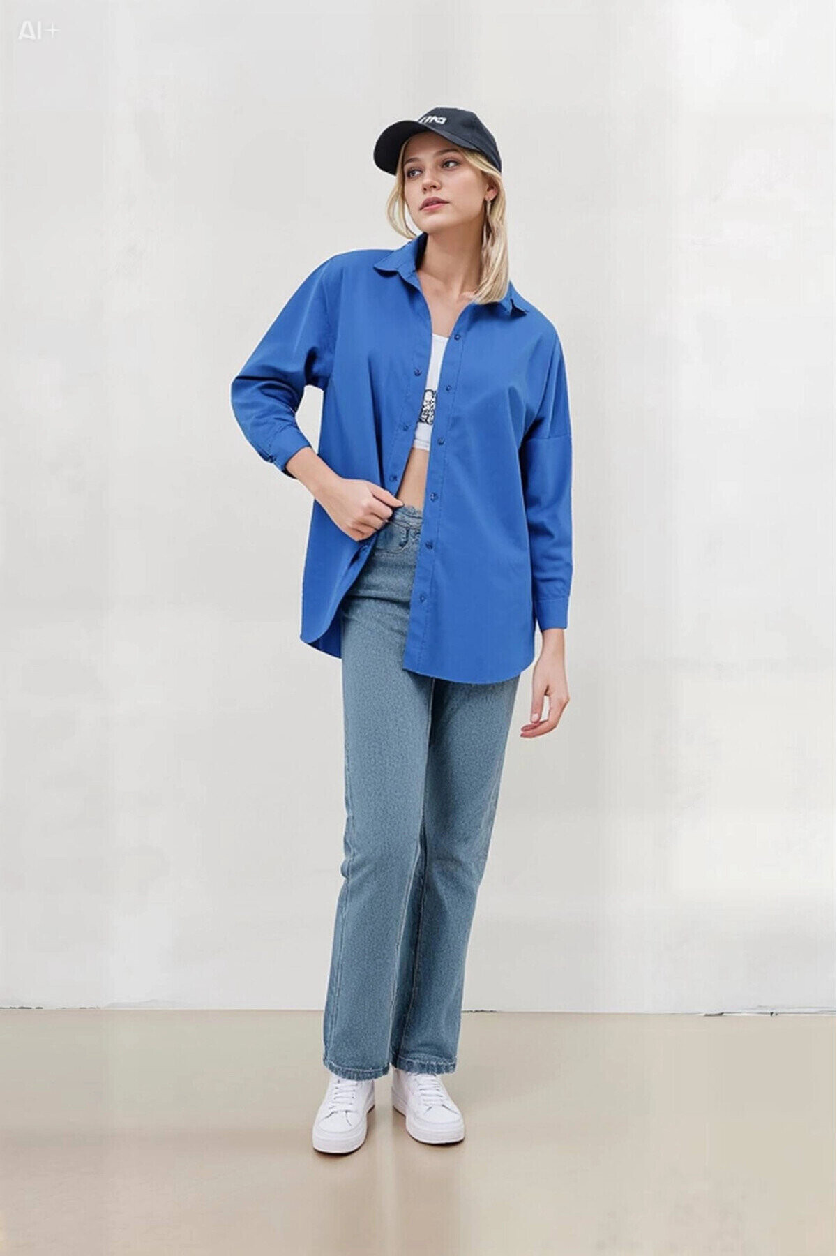 Kadın Mavi Oversize Uzun Basic Gömlek PLD22W-3118