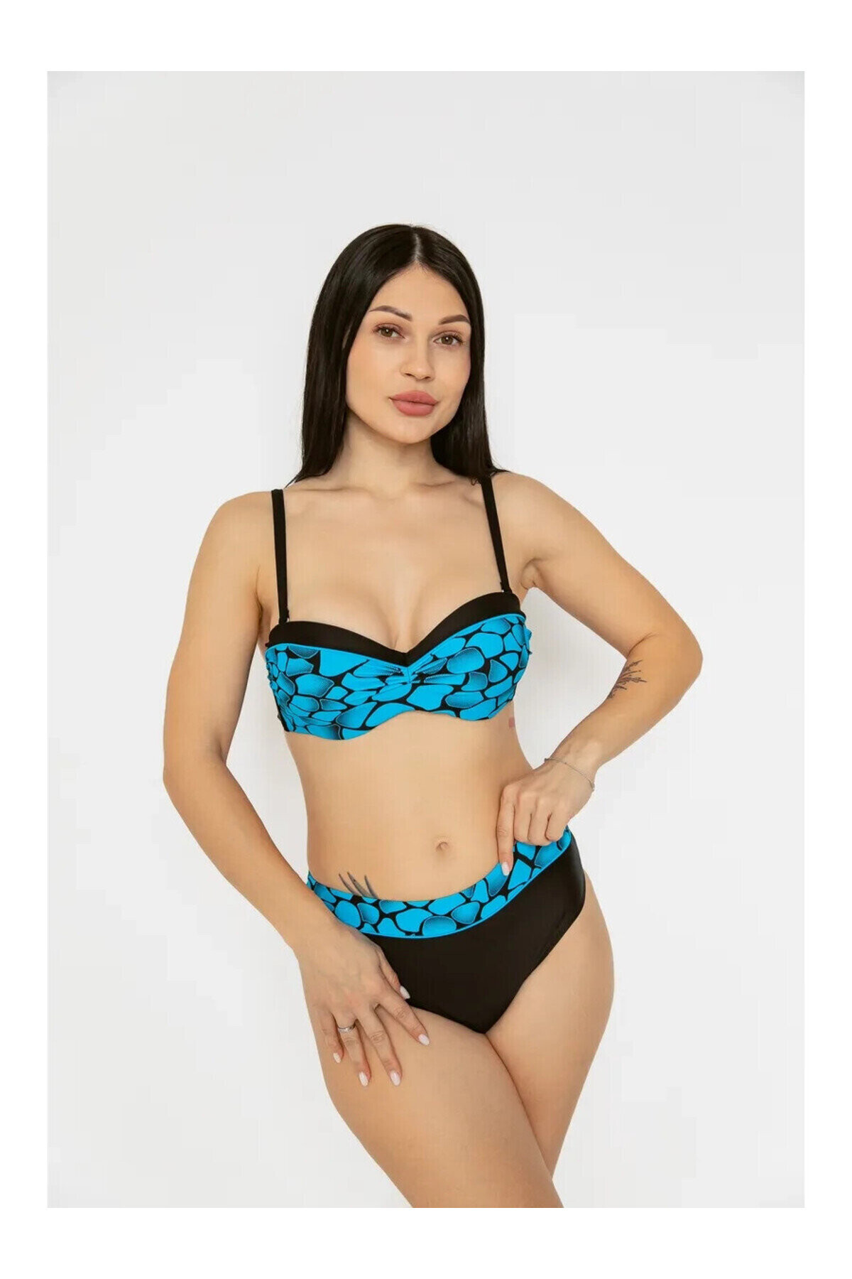 Kadın Mavi Siyah Desenli Astarlı Büyük Beden Bikini Takımı PLD25S-3009