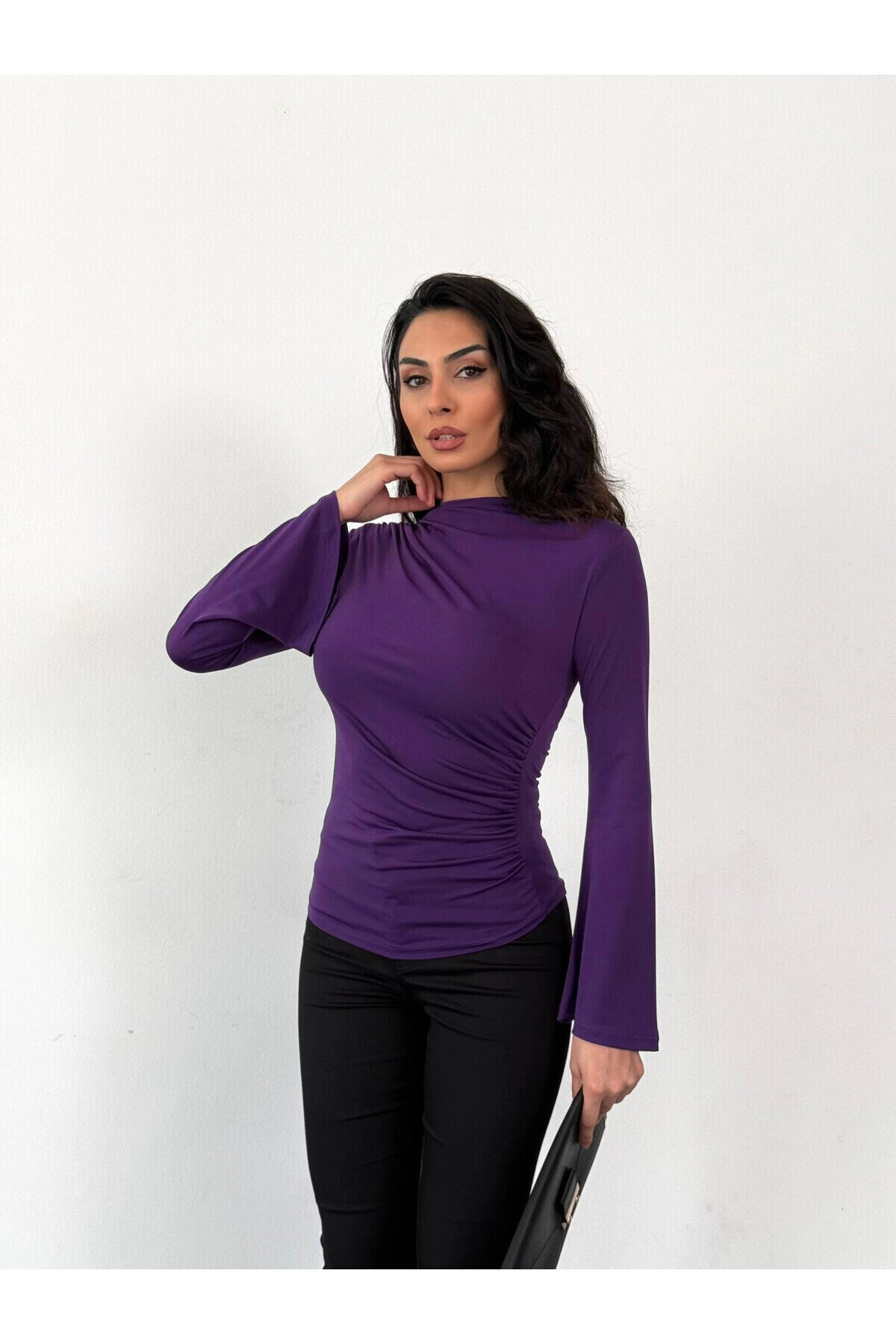 Kadın Mor Drape Detaylı İspanyol Kol Sany Bluz PLD25W-3047
