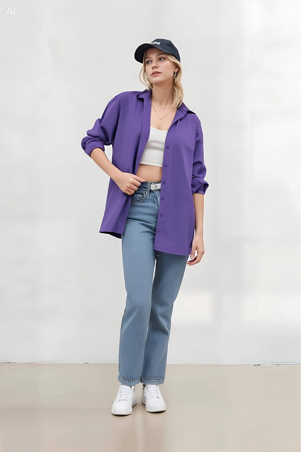 Kadın Mor Oversize Uzun Basic Gömlek PLD22W-3118
