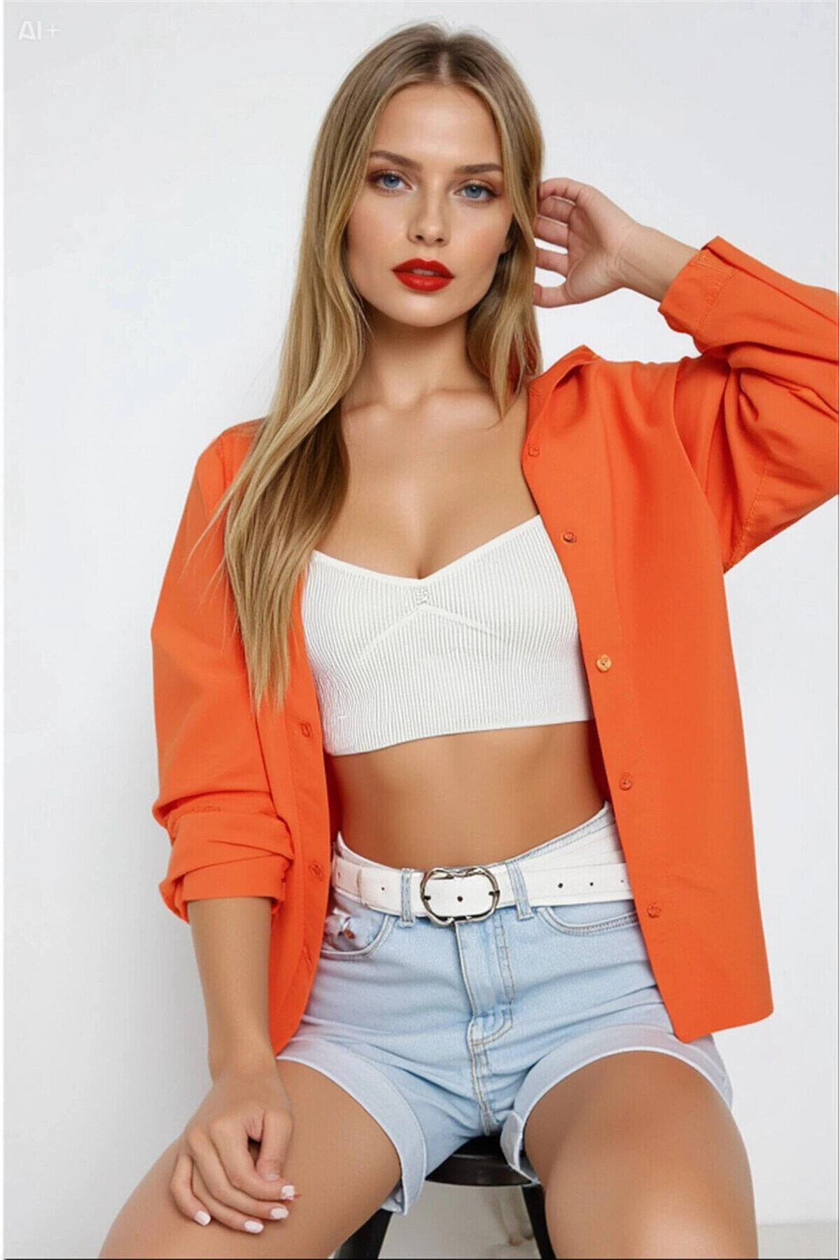 Kadın Oranj Oversize Uzun Basic Gömlek PLD22W-3118