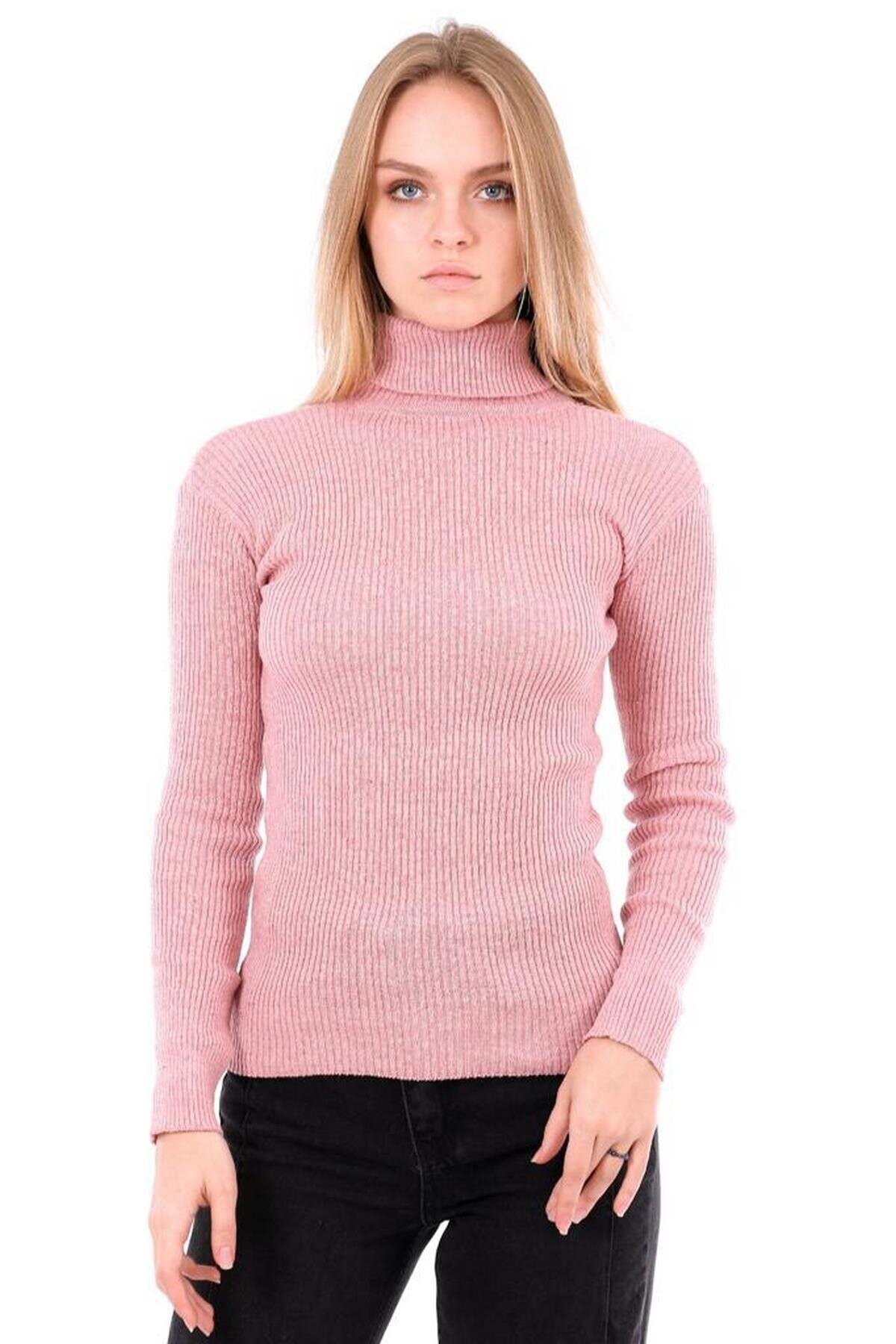 Kadın Pembe Boğazlı Fitilli Triko Kazak PLD22W-3148