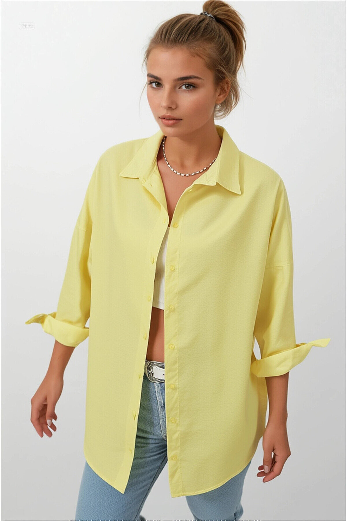 Kadın Sarı Oversize Uzun Basic Gömlek PLD22W-3118