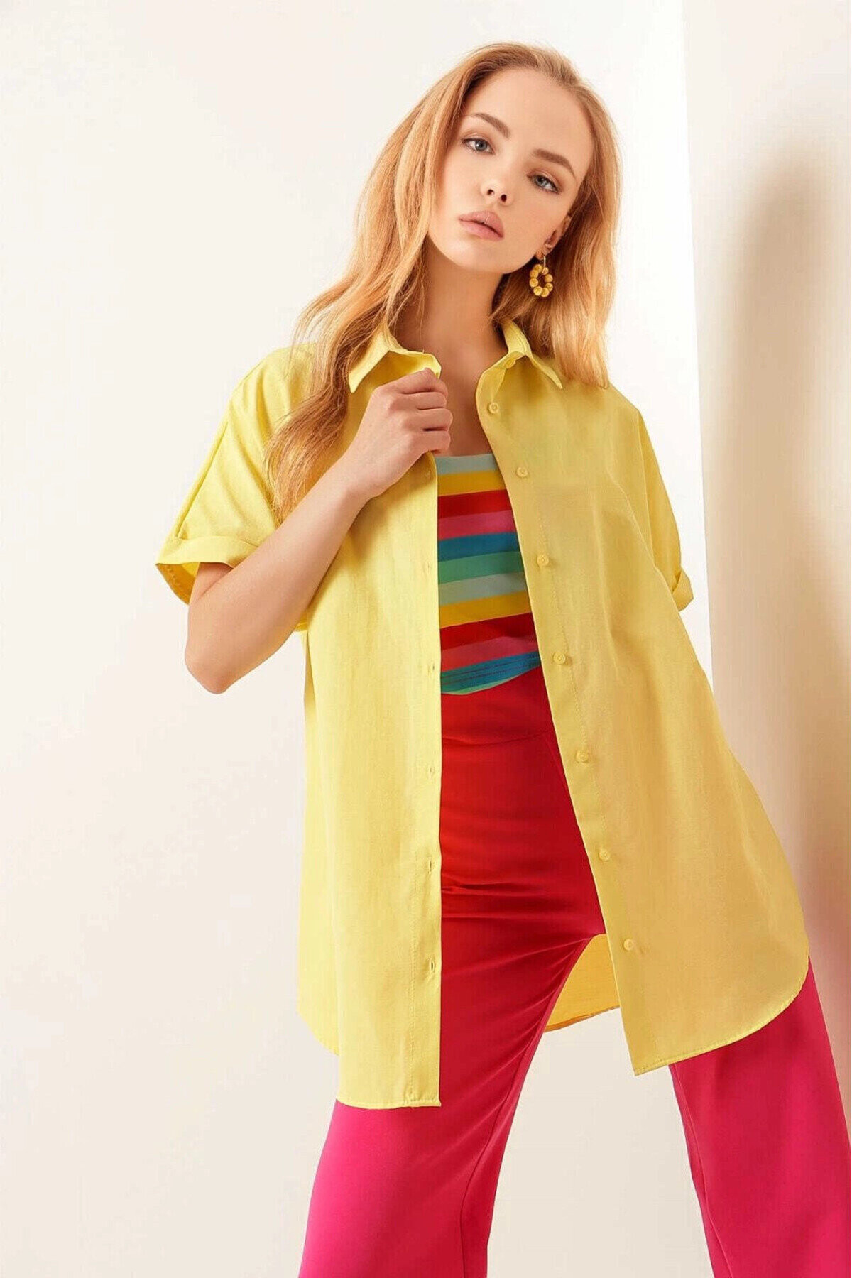 Kadın Sarı Oversize Uzun Kısa Kollu Basic Poplin Gömlek PLD22S-3125