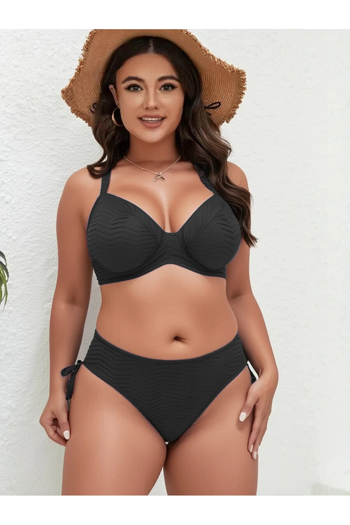 Kadın Siyah Desenli Büyük Beden Astarlı Bikini Takım PLD25S-3022