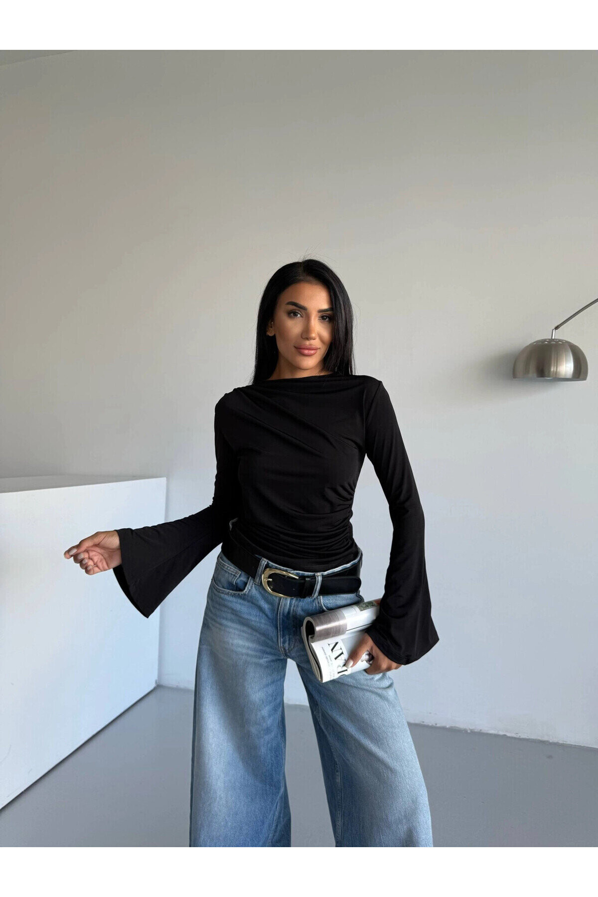 Kadın Siyah Drape Detaylı İspanyol Kol Sany Bluz PLD25W-3047