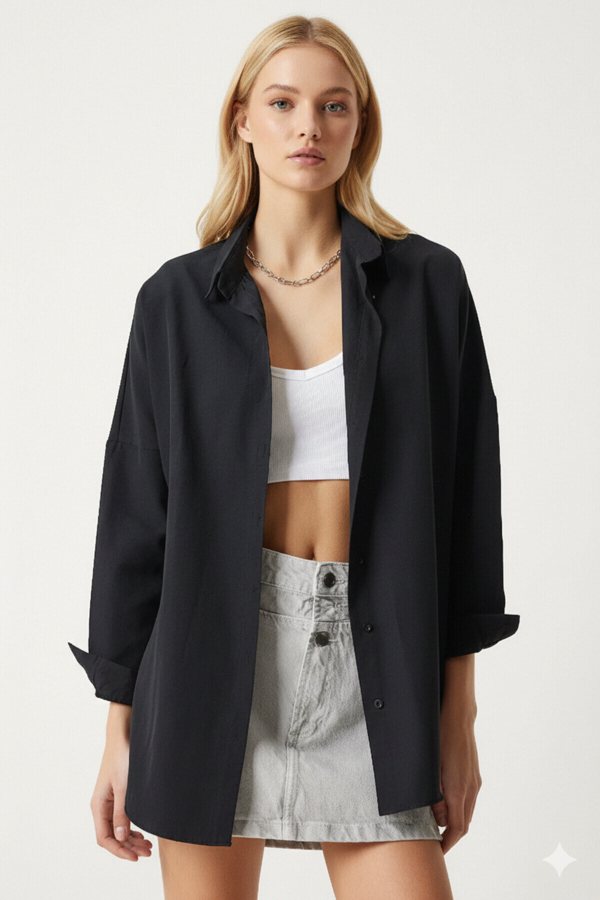 Kadın Siyah Oversize Uzun Basic Gömlek PLD22W-3118
