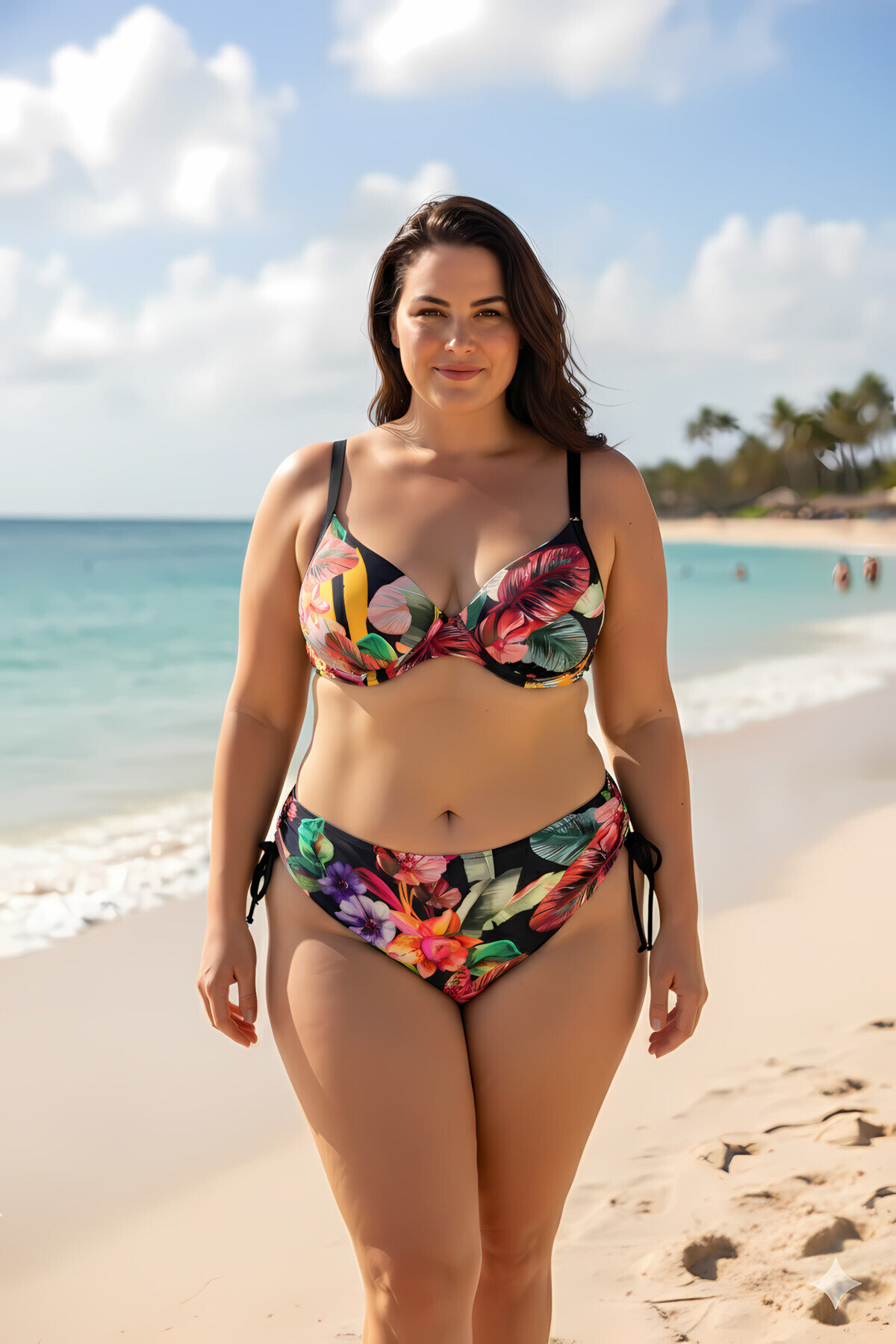 Kadın Siyah Yaprak Desenli Askılı Yüksek Bel Toparlayıcı Büyük Beden Bikini Takım PLD24S-3034