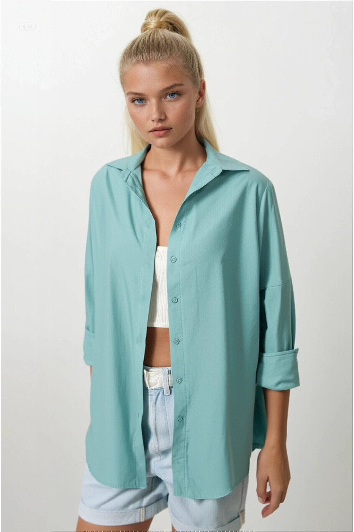 Kadın Su Yeşili Oversize Uzun Basic Gömlek PLD22W-3118