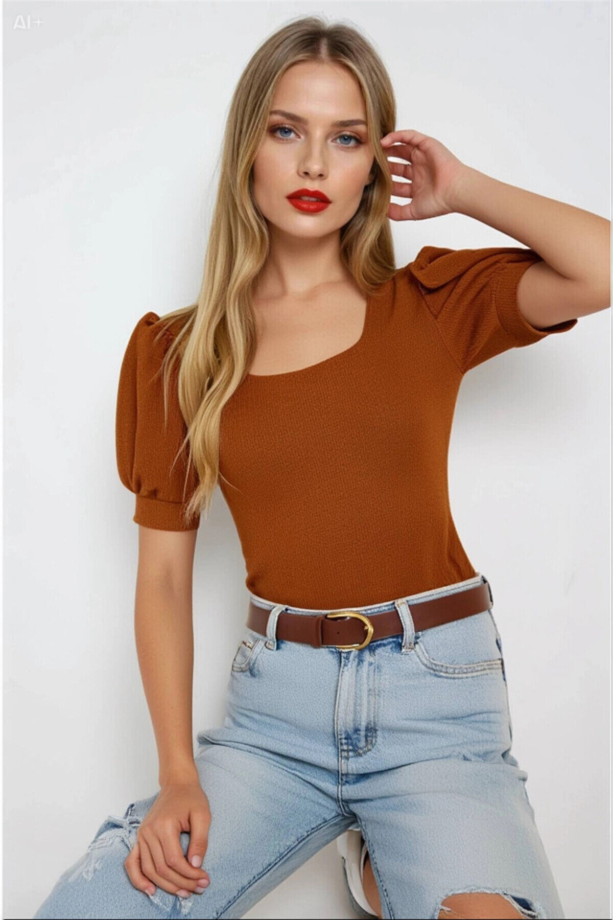 Kadın Taba Kare Yaka Örme Bluz PLD22W-3051