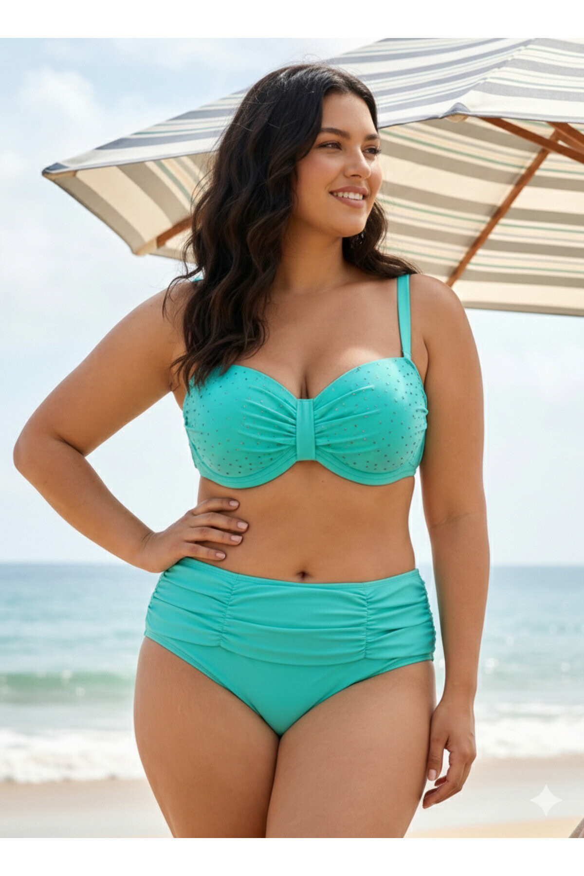 Kadın Turkuaz Taş İşlemeli Astarlı Büyük Beden Bikini Takımı PLD25S-3019