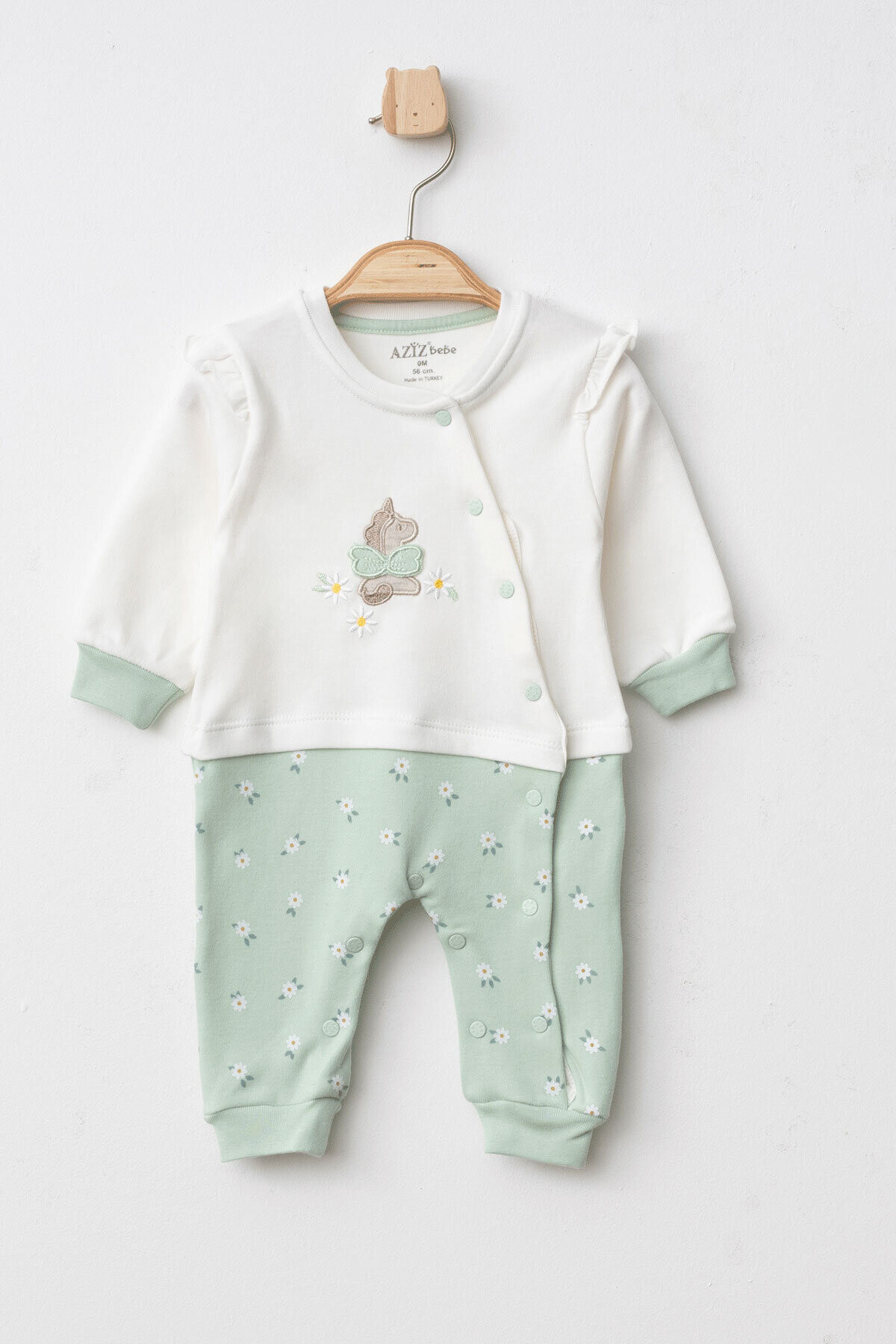 Kız Bebek Çıtçıtlı Çiçek Desenli At Nakışlı Tulum 0 Ay - 6 Ay