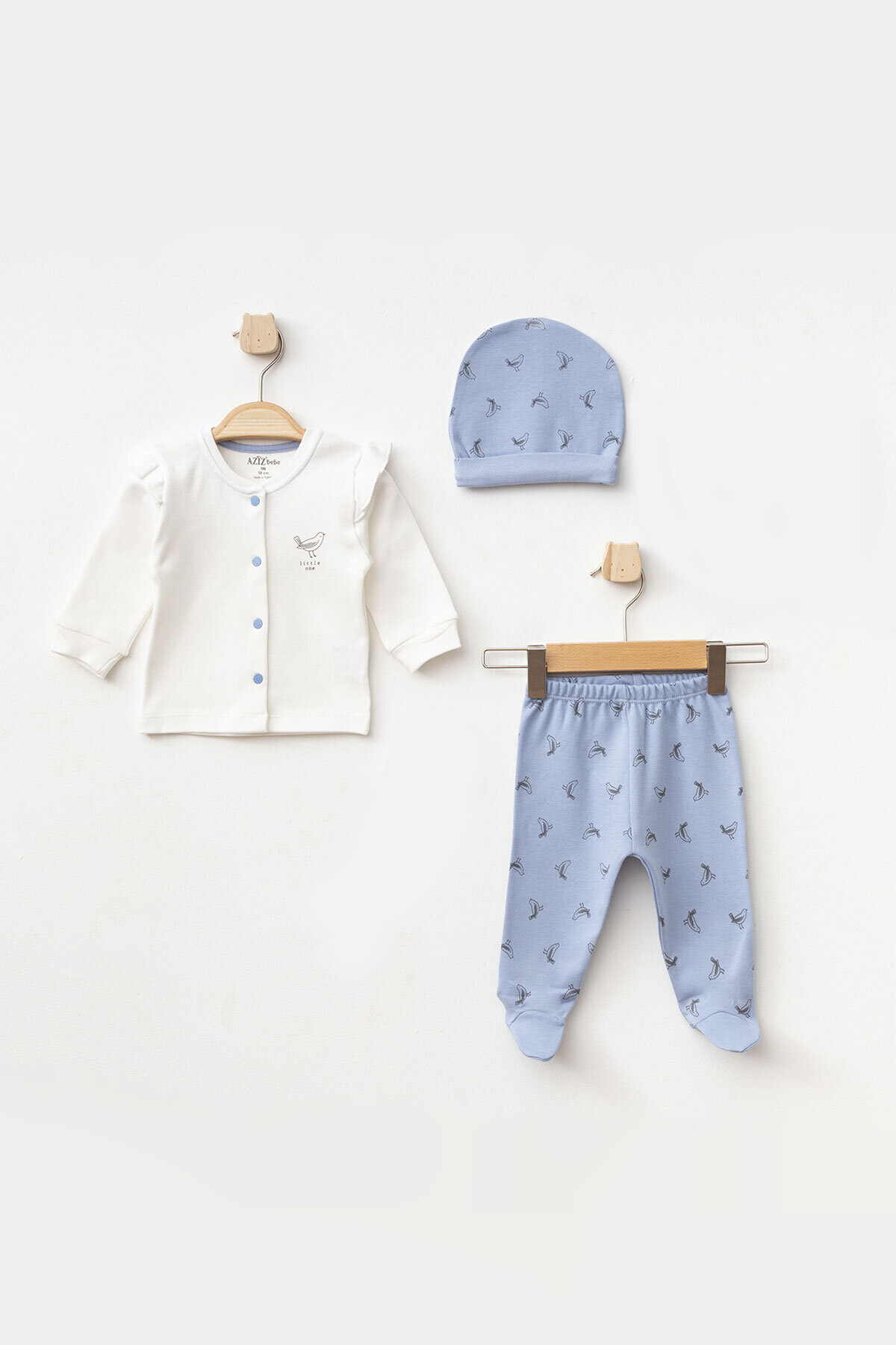 Kız Bebek Kuş Desenli Zıbın Pantolon Bere 3 lü Alt Üst Bebek Takımı 0 Ay-6 Ay