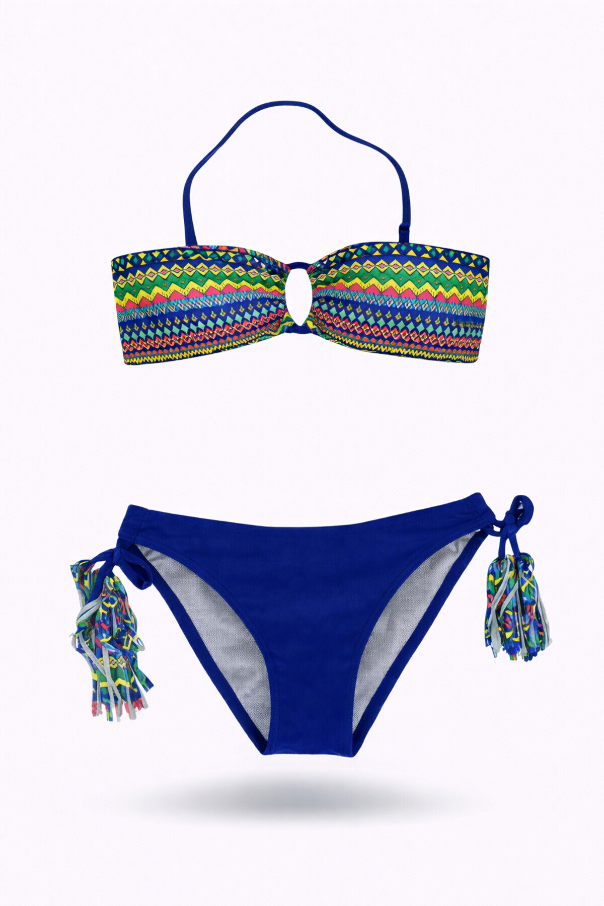 Kız Çocuk Mavi Çok Renkli İp Detaylı Astarlı 4-12 Yaş Üçgen Bikini Takım PLD24S-3008