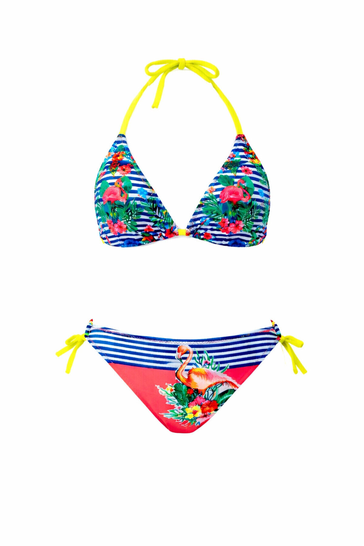 Kız Çocuk Mavi Pembe Flamingo Glow Desenli 6-14 Yaş Üçgen Bikini Takım PLD26S-3002