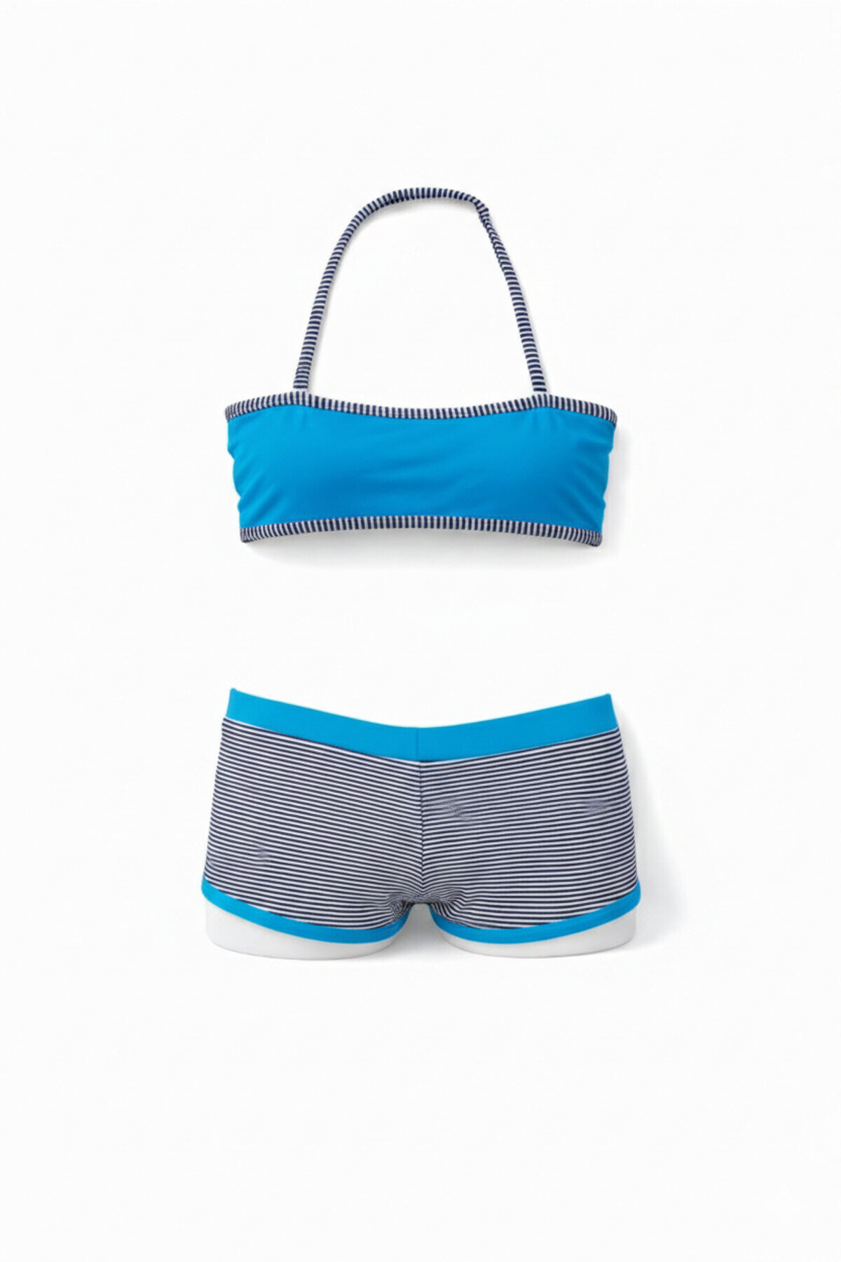 Kız Çocuk Mavi Siyah Çizgili Şortlu 4-12 Yaş Straplez Bikini Takım PLD24S-3026