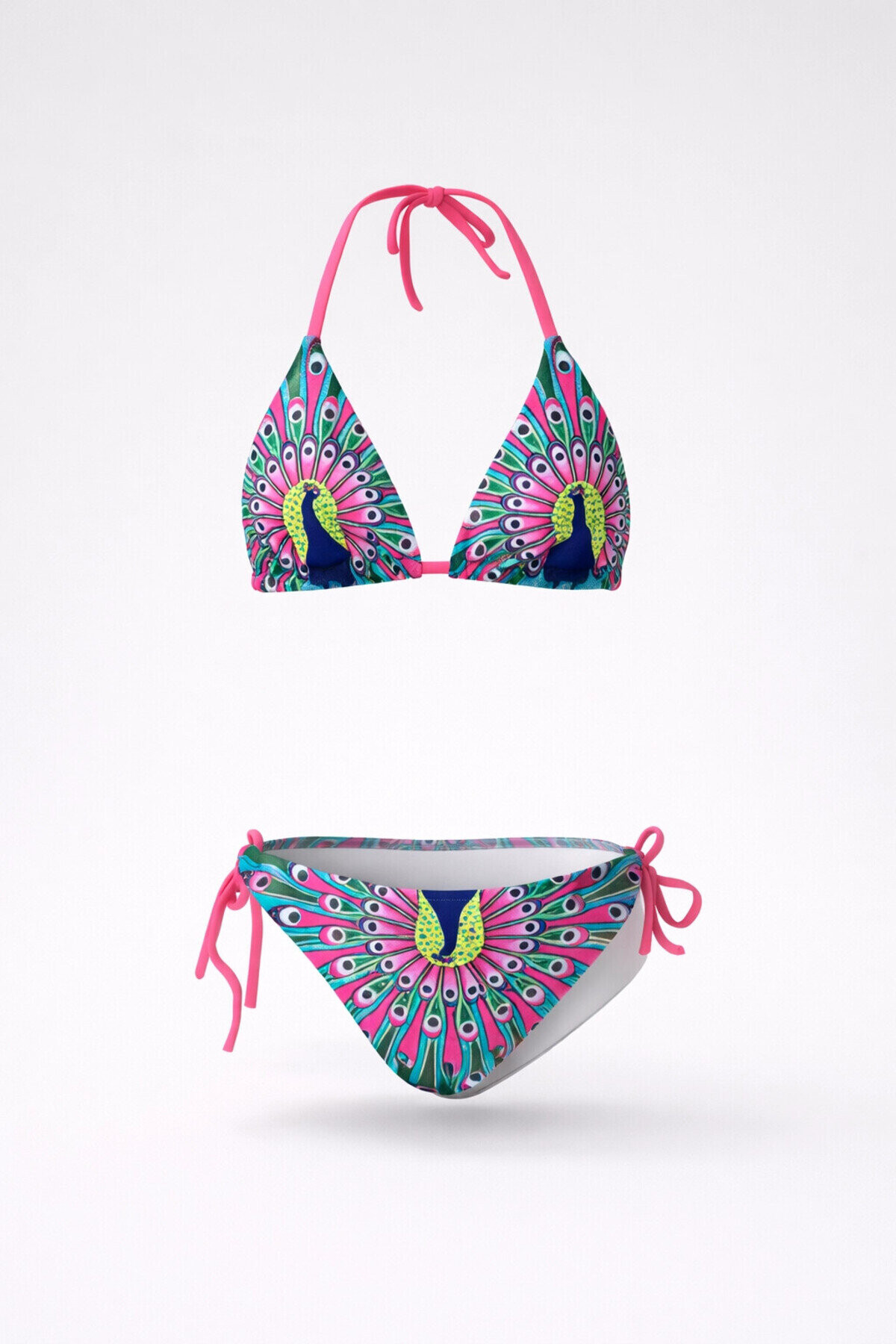 Kız Çocuk Mavi Tavus Kuşu Desenli 6-14 Yaş Üçgen Bikini Takım PLD24S-3003