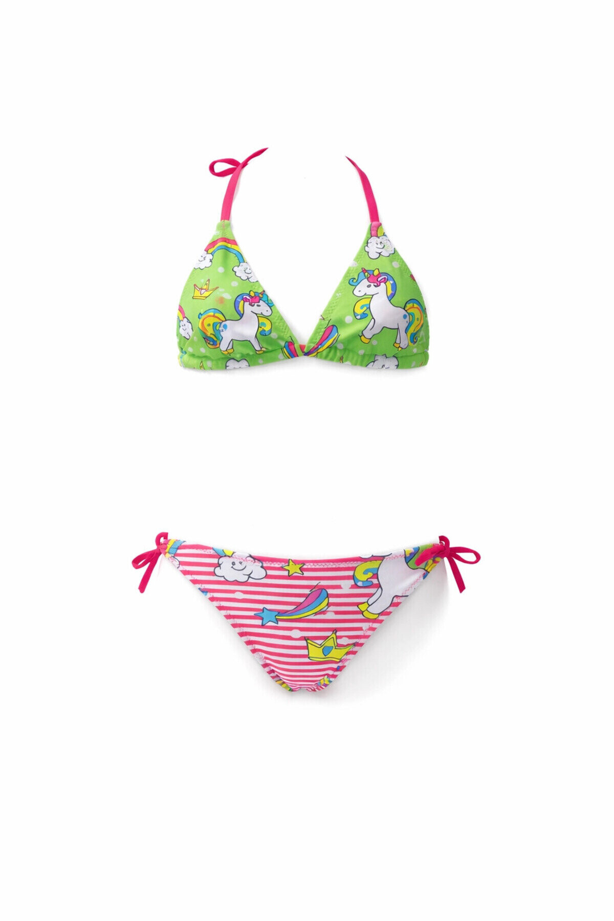 Kız Çocuk Neon Pembe Yeşil Unicorn Temalı Bikini Takım PLD25S-3005