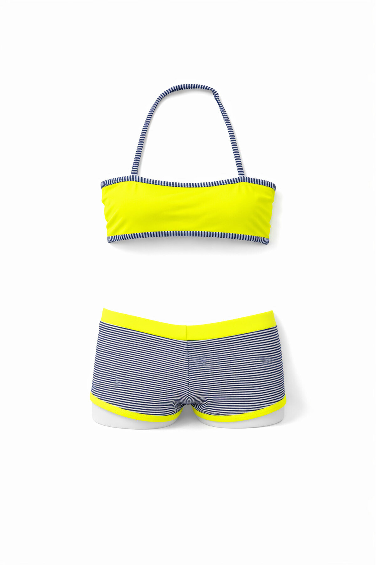Kız Çocuk Neon Sarı Siyah Çizgili Şortlu 4-12 Yaş Straplez Bikini Takım PLD24S-3026